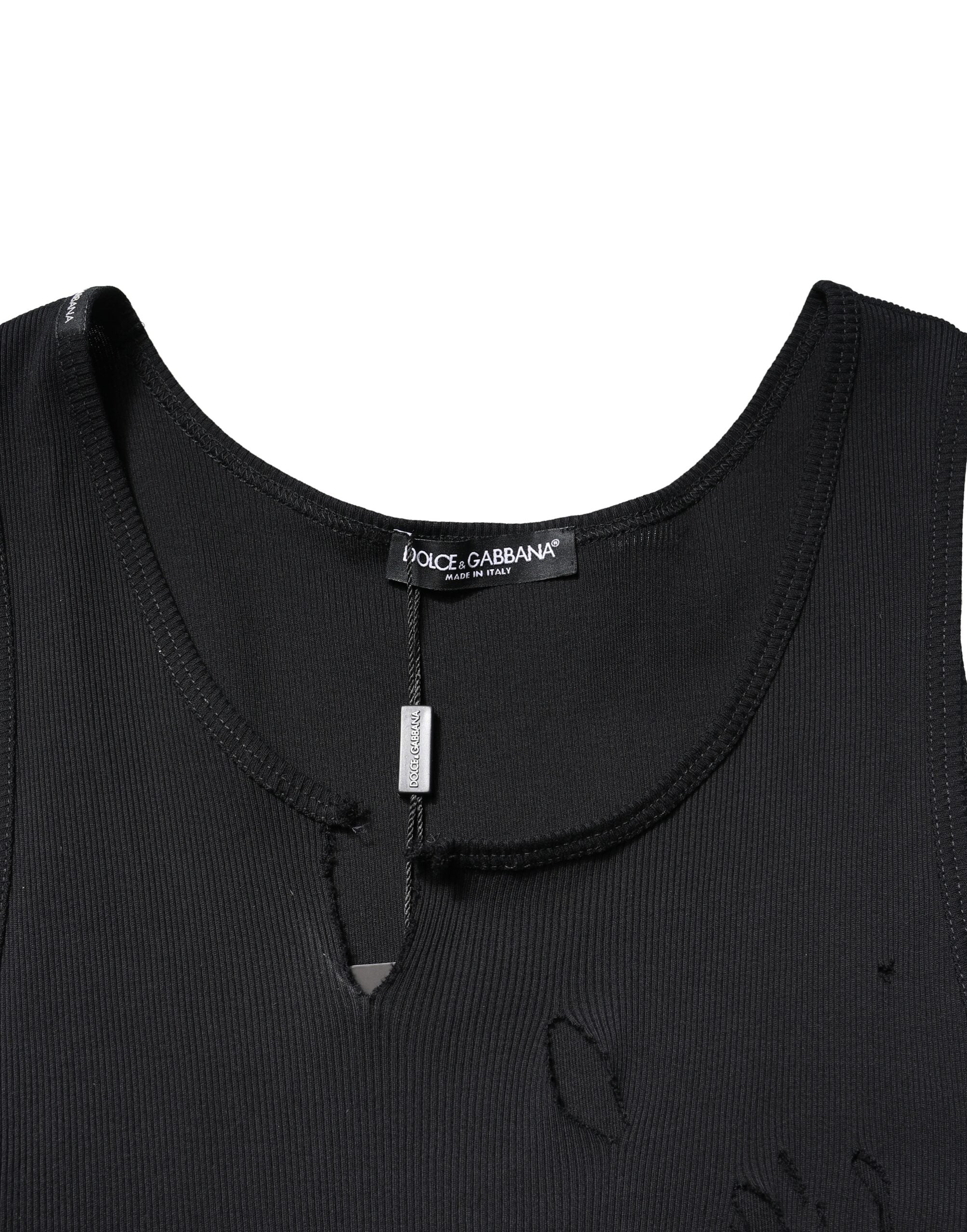Dolce & Gabbana Tricou negru din bumbac, fără mâneci, stil Rip pentru bărbați