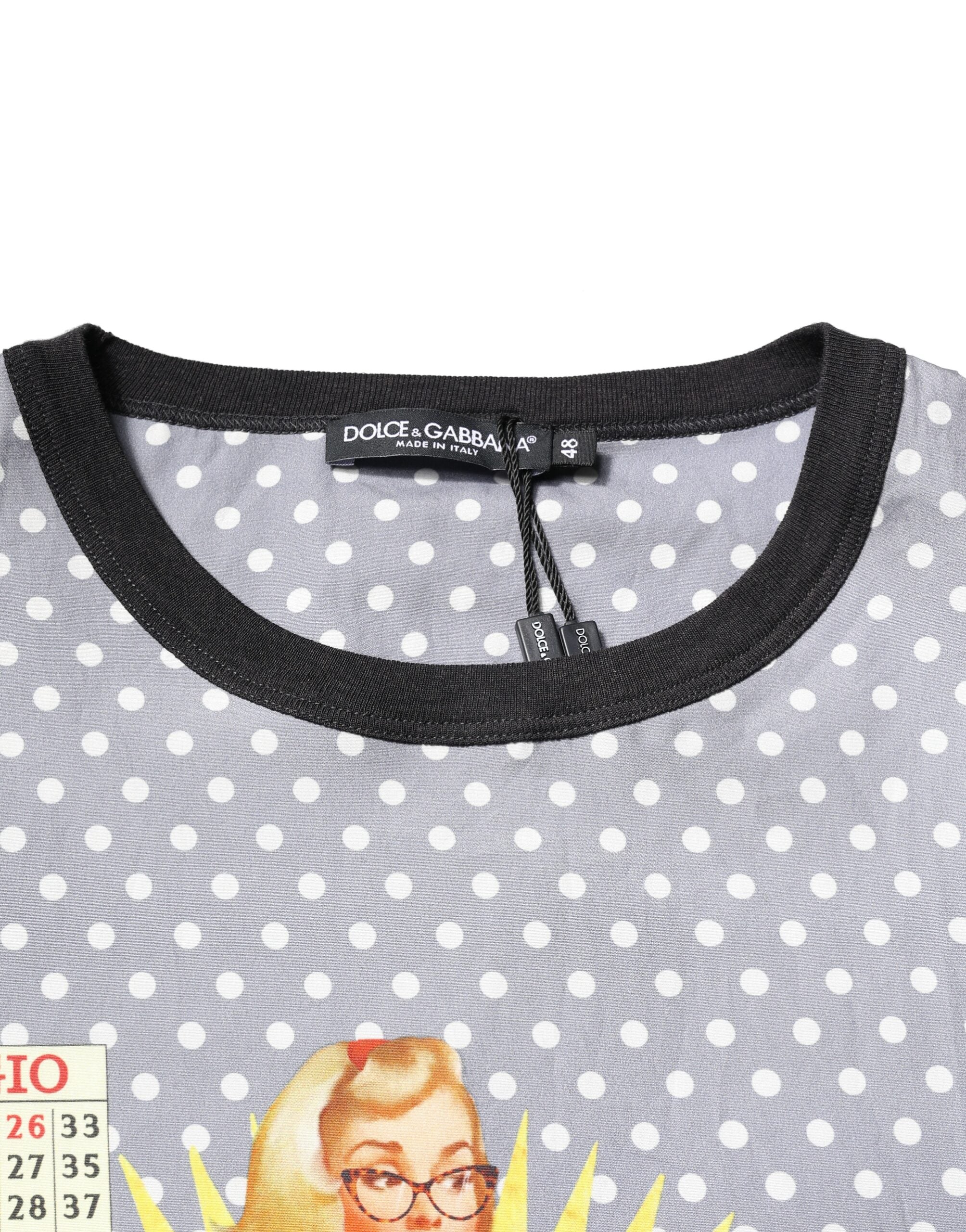 Tricou Dolce & Gabbana gri cu buline și imprimeu Pin-Up, cu guler rotund