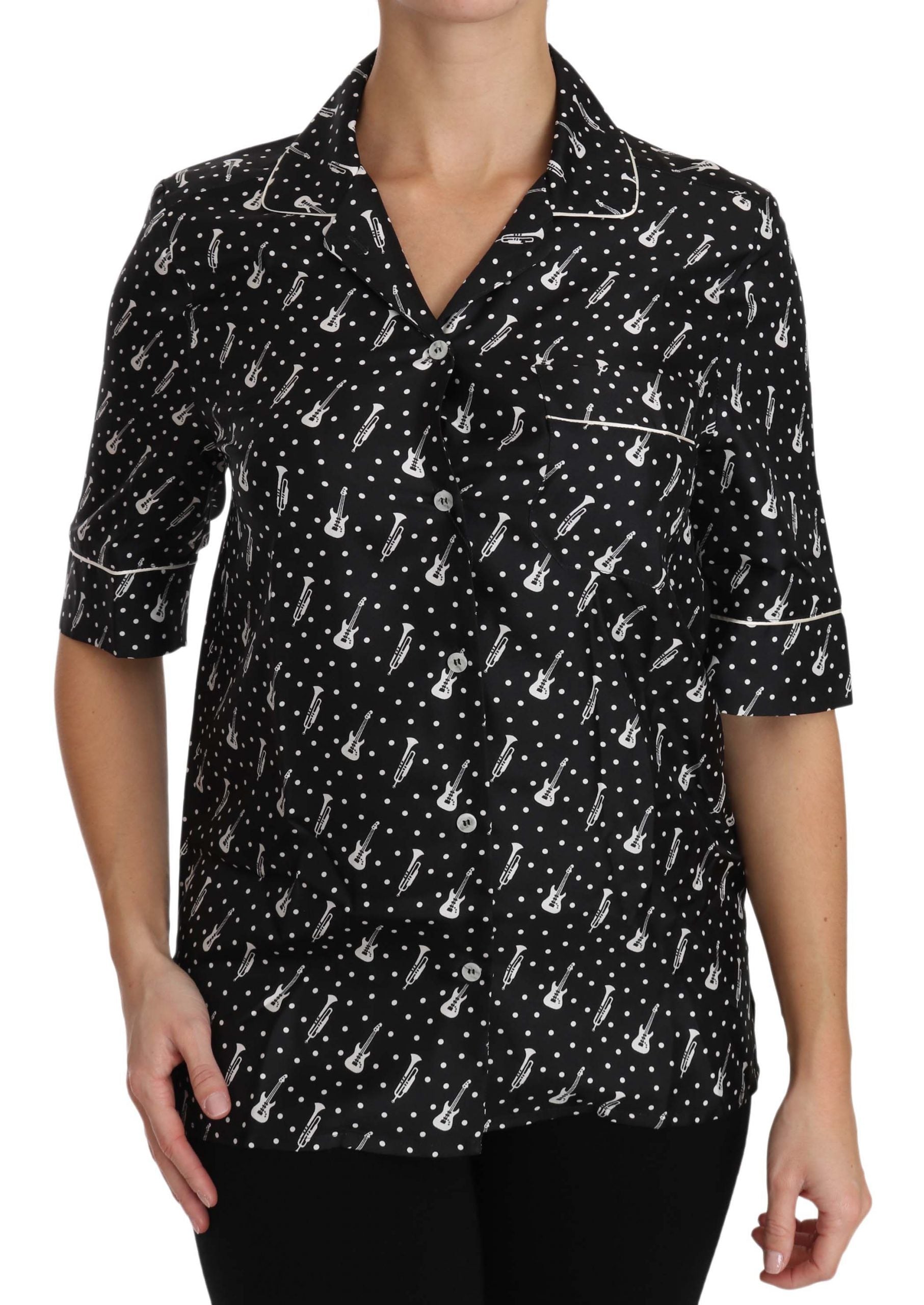 Dolce & Gabbana – Seiden-Poloshirt mit Gitarren- und Trompetendruck