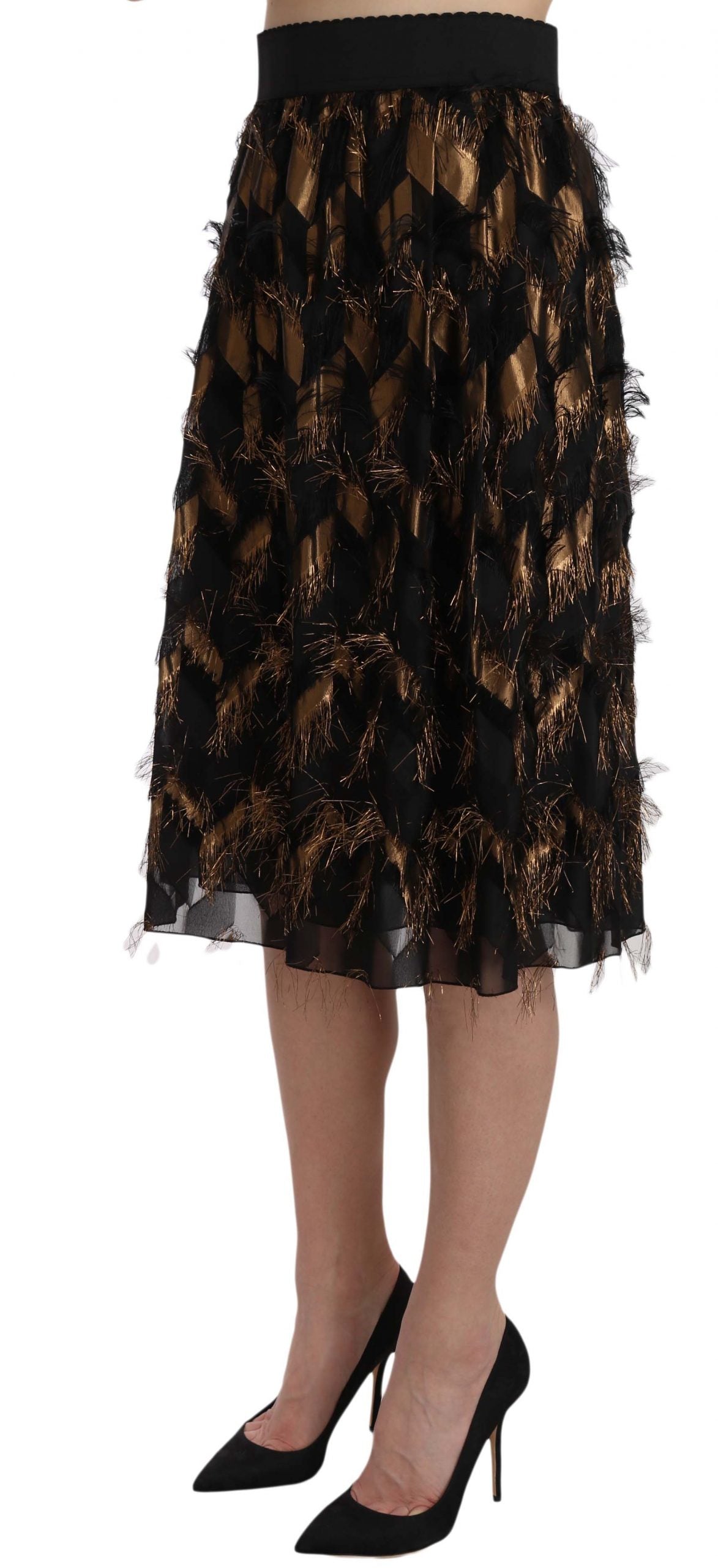 Dolce & Gabbana Eleganter hoch taillierter Rock aus goldschwarzer Seidenmischung