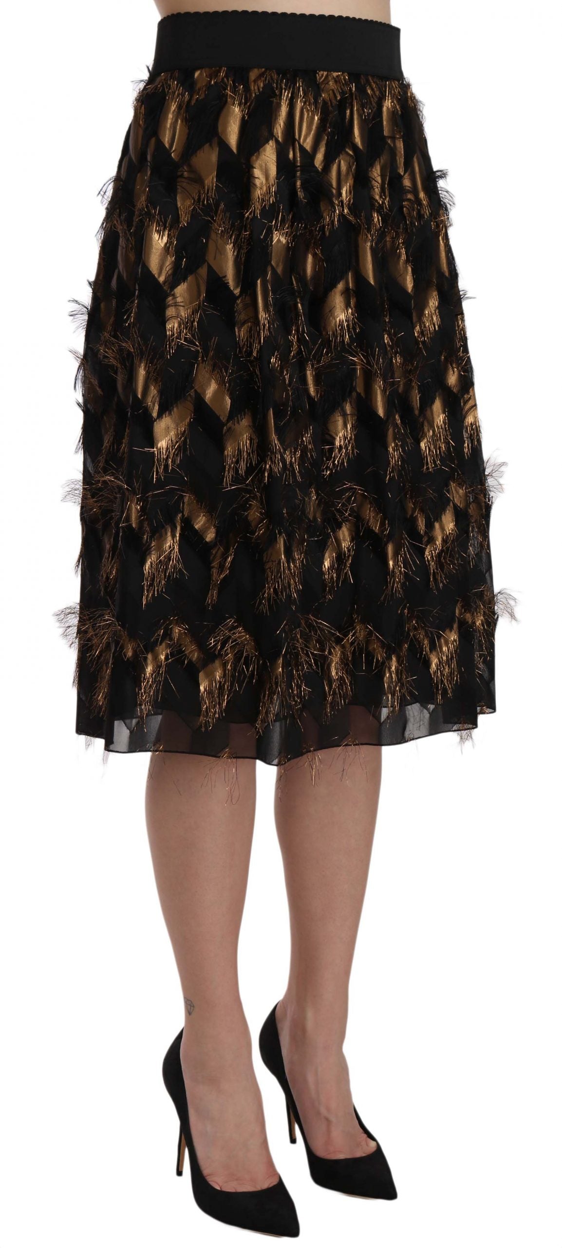 Dolce & Gabbana Eleganter hoch taillierter Rock aus goldschwarzer Seidenmischung