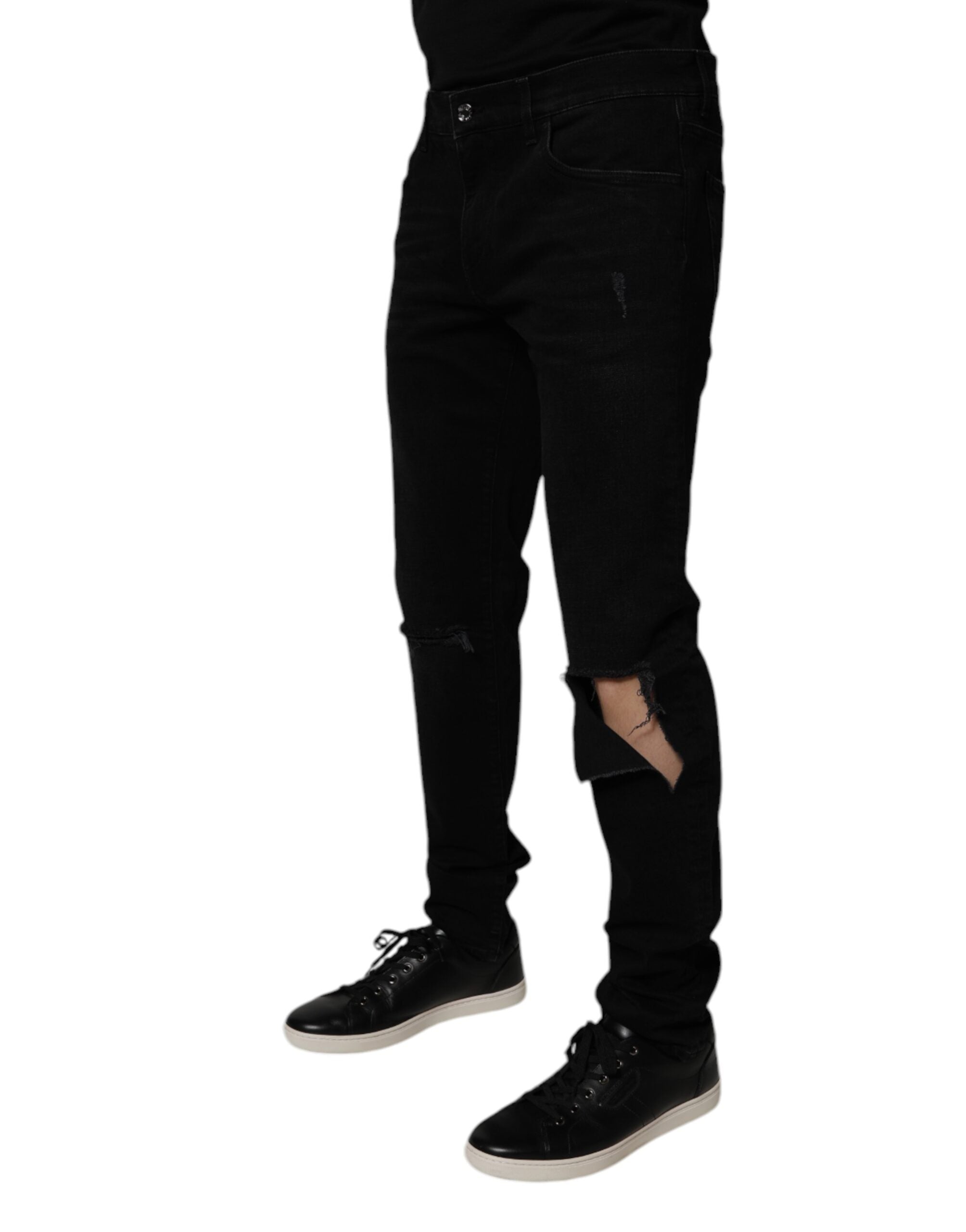 Blugi skinny Dolce & Gabbana negri din bumbac, zdrențuiți, pentru bărbați
