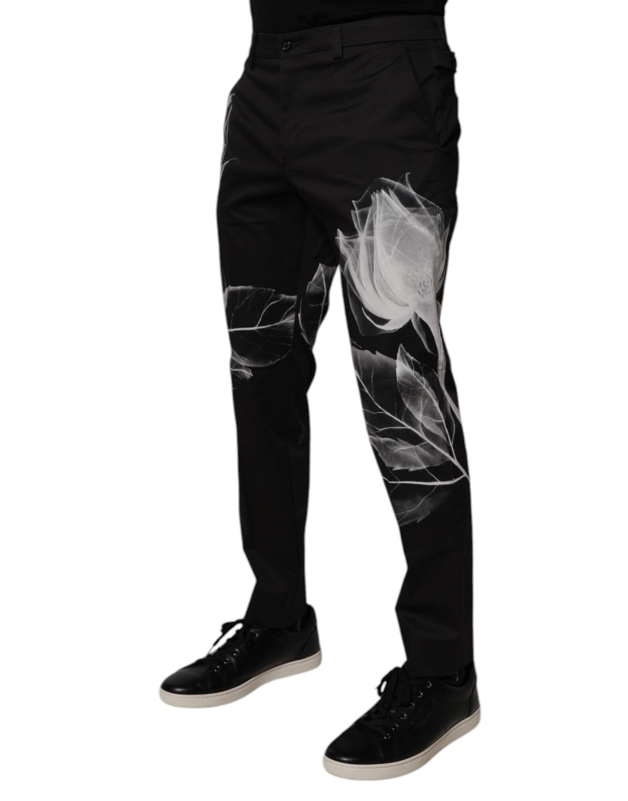 Pantaloni eleganți skinny negri cu imprimeu floral din bumbac Dolce & Gabbana