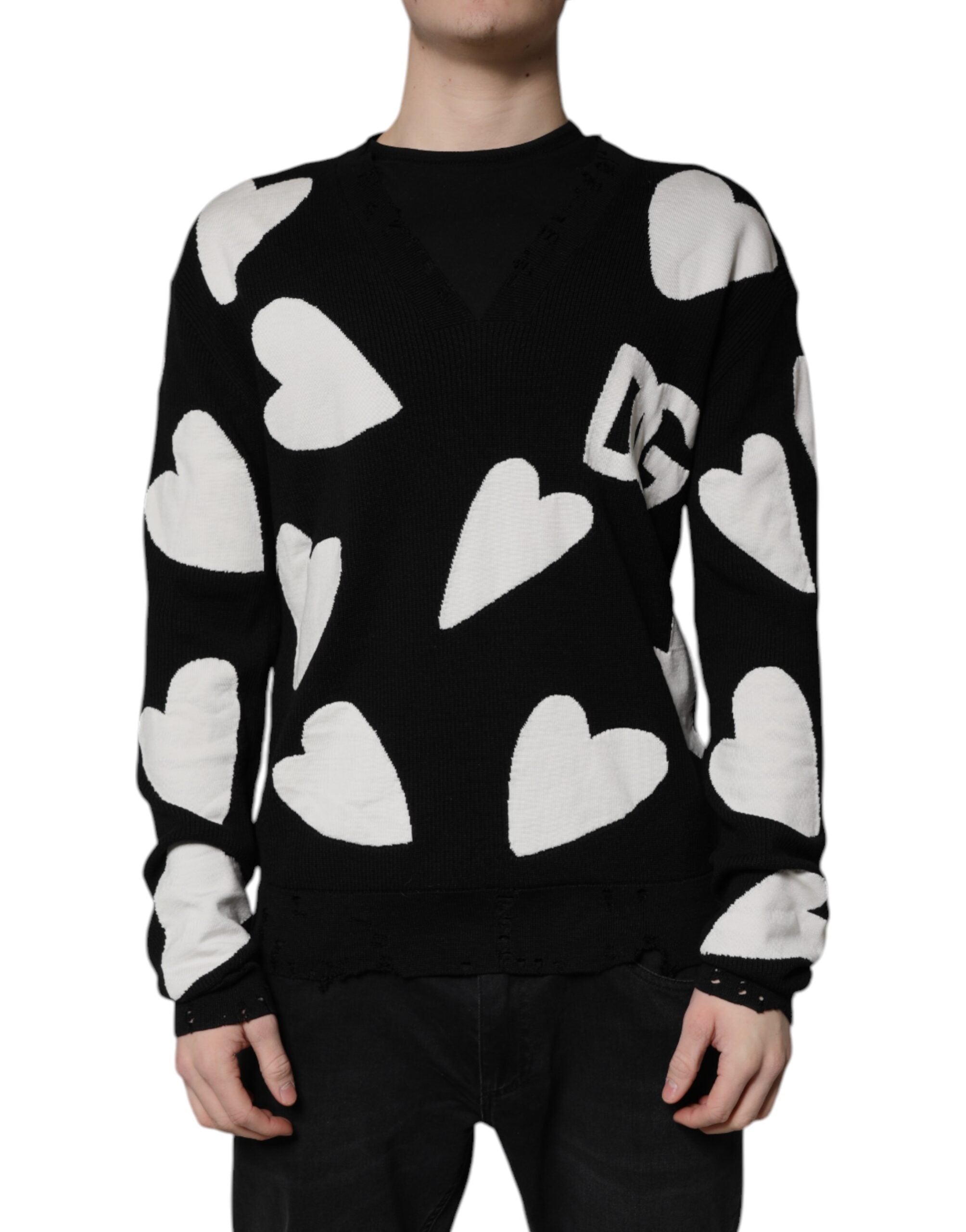 Pulover Dolce & Gabbana Black Hearts din mătase cu guler rotund