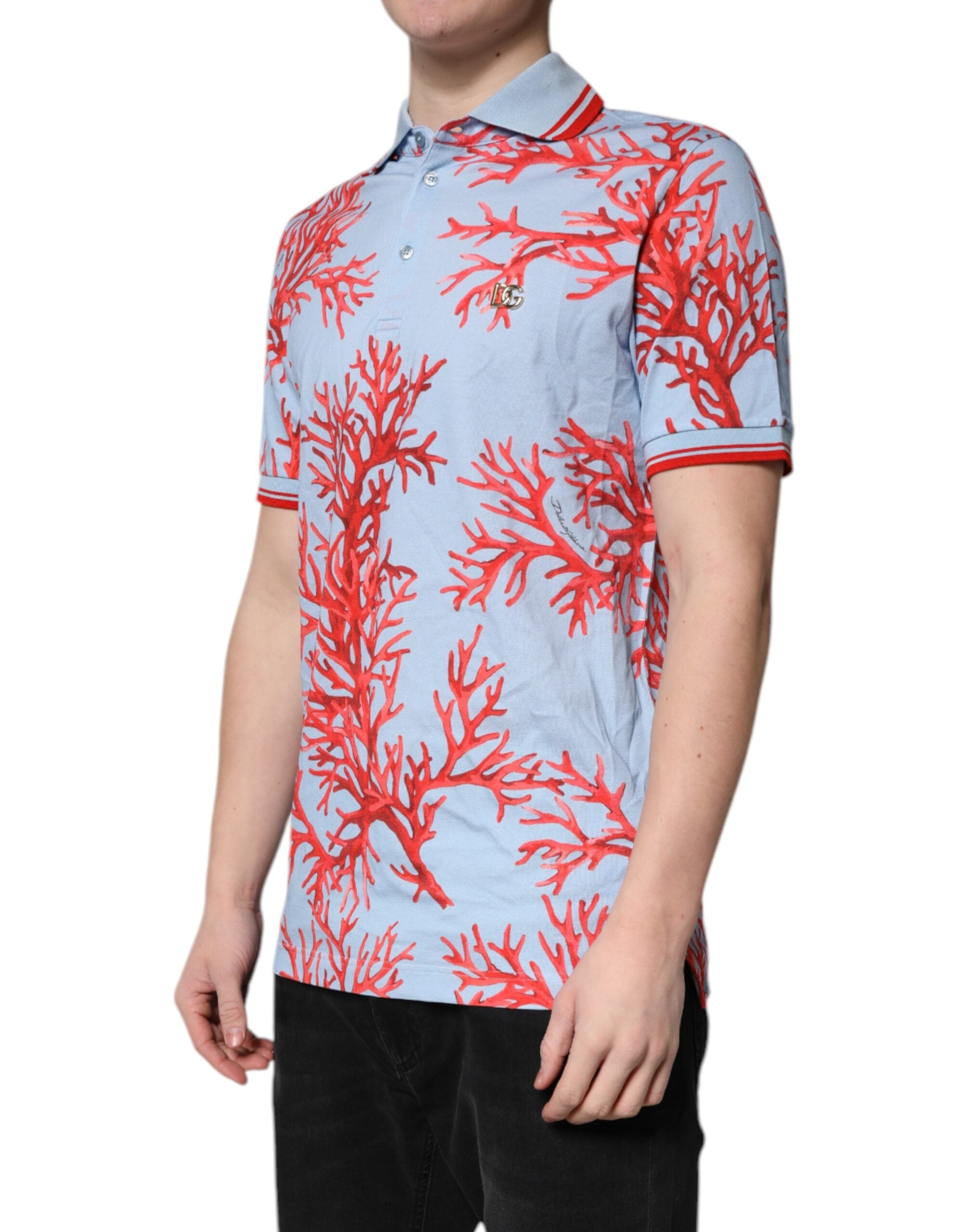 Dolce & Gabbana – Poloshirt aus Baumwolle in Hellblau und Korallenrot