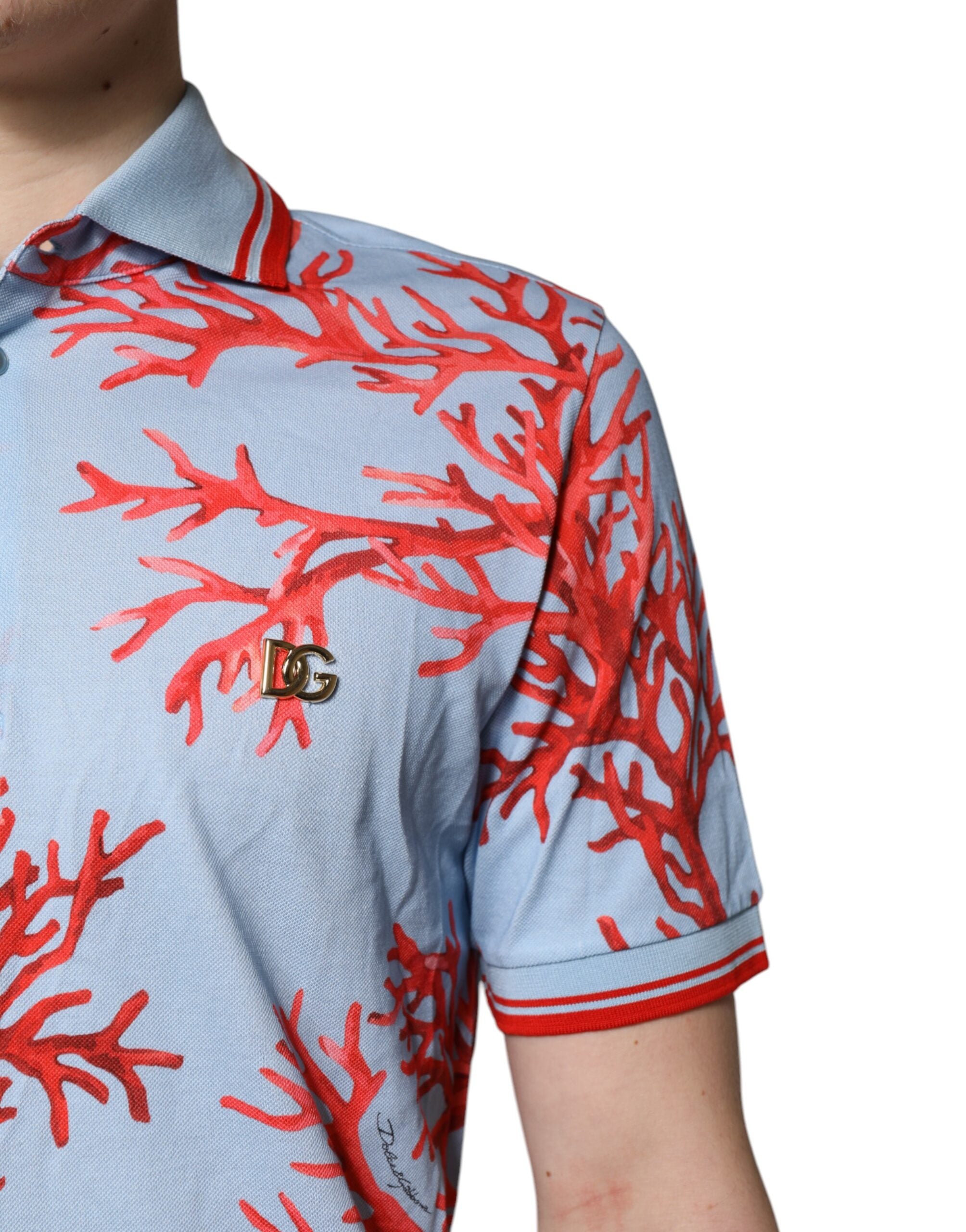 Dolce & Gabbana – Poloshirt aus Baumwolle in Hellblau und Korallenrot