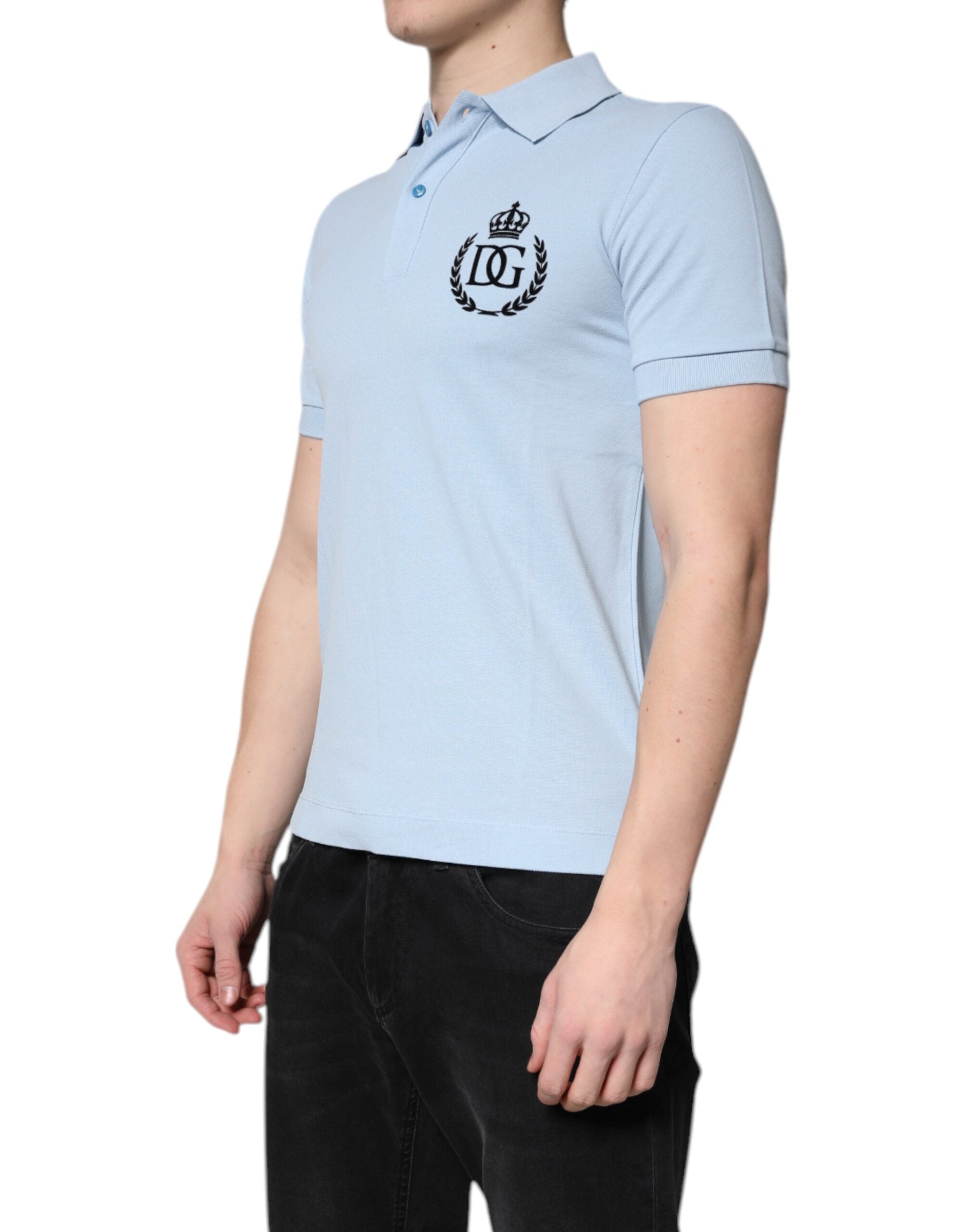Dolce & Gabbana – Himmelblaues Poloshirt aus Baumwolle mit Kronenkragen
