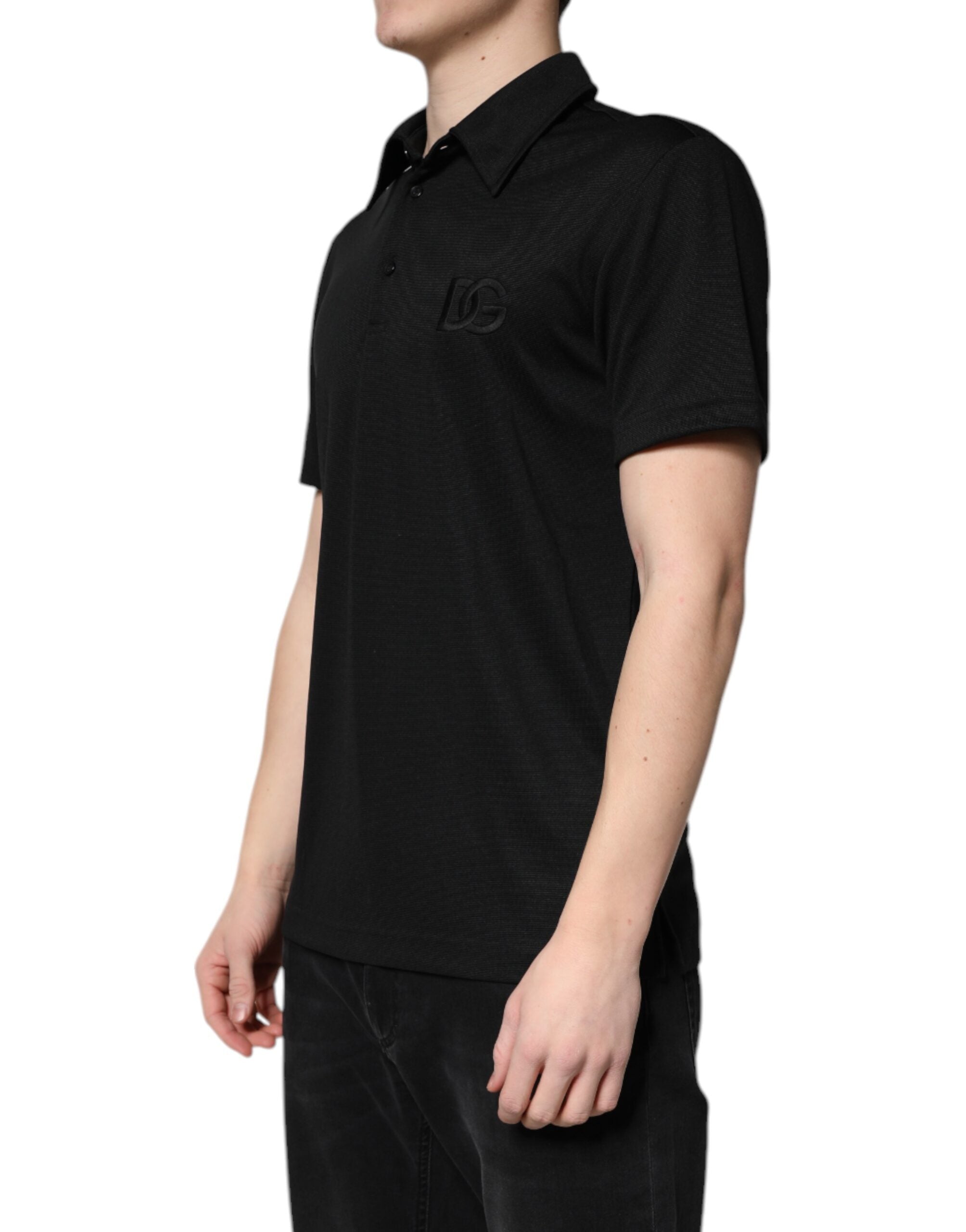 Dolce & Gabbana – Schwarzes Polo-T-Shirt aus Polyester mit DG-Logo und Kragen