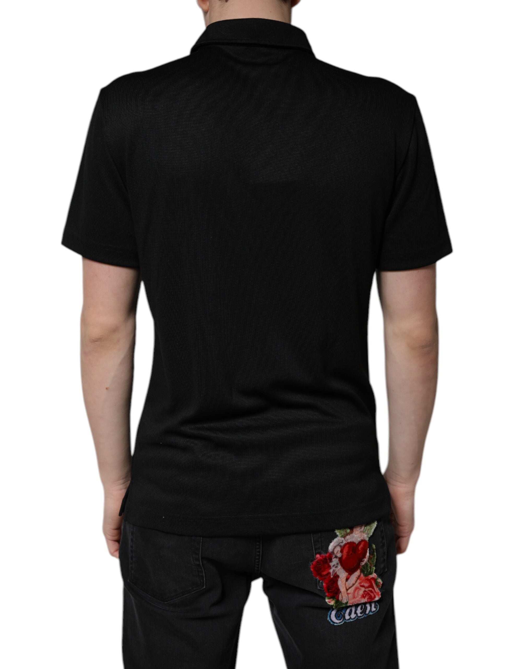Dolce & Gabbana – Schwarzes Polo-T-Shirt aus Polyester mit DG-Logo und Kragen