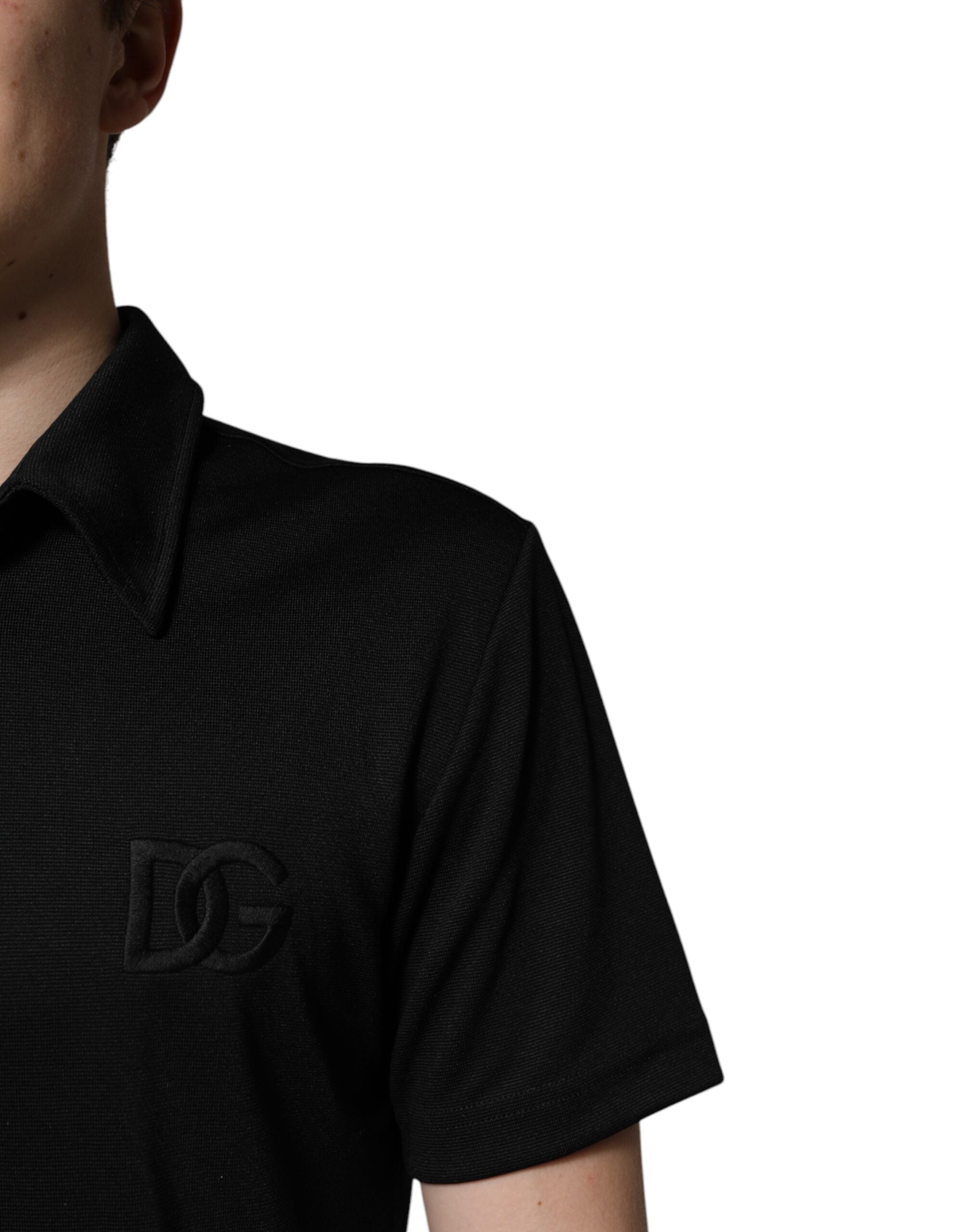 Dolce & Gabbana – Schwarzes Polo-T-Shirt aus Polyester mit DG-Logo und Kragen