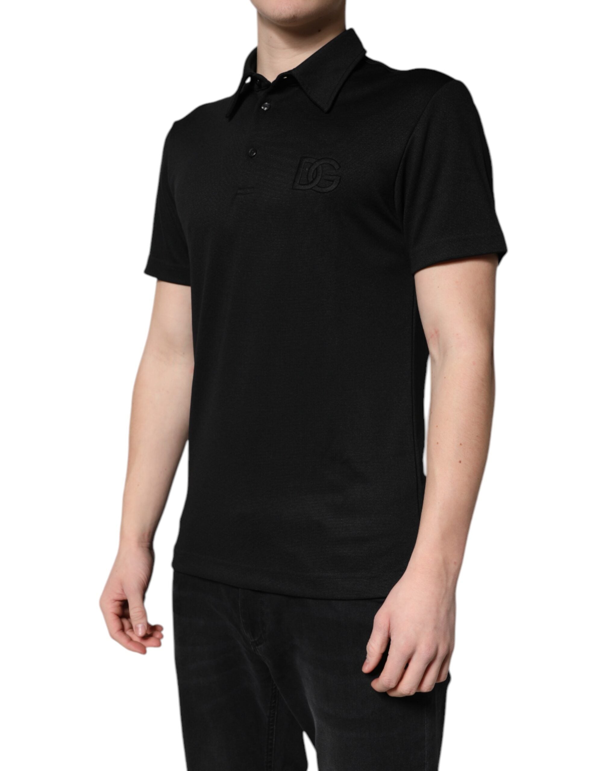 Dolce & Gabbana – Schwarzes Polo-T-Shirt aus Polyester mit DG-Logo und Kragen