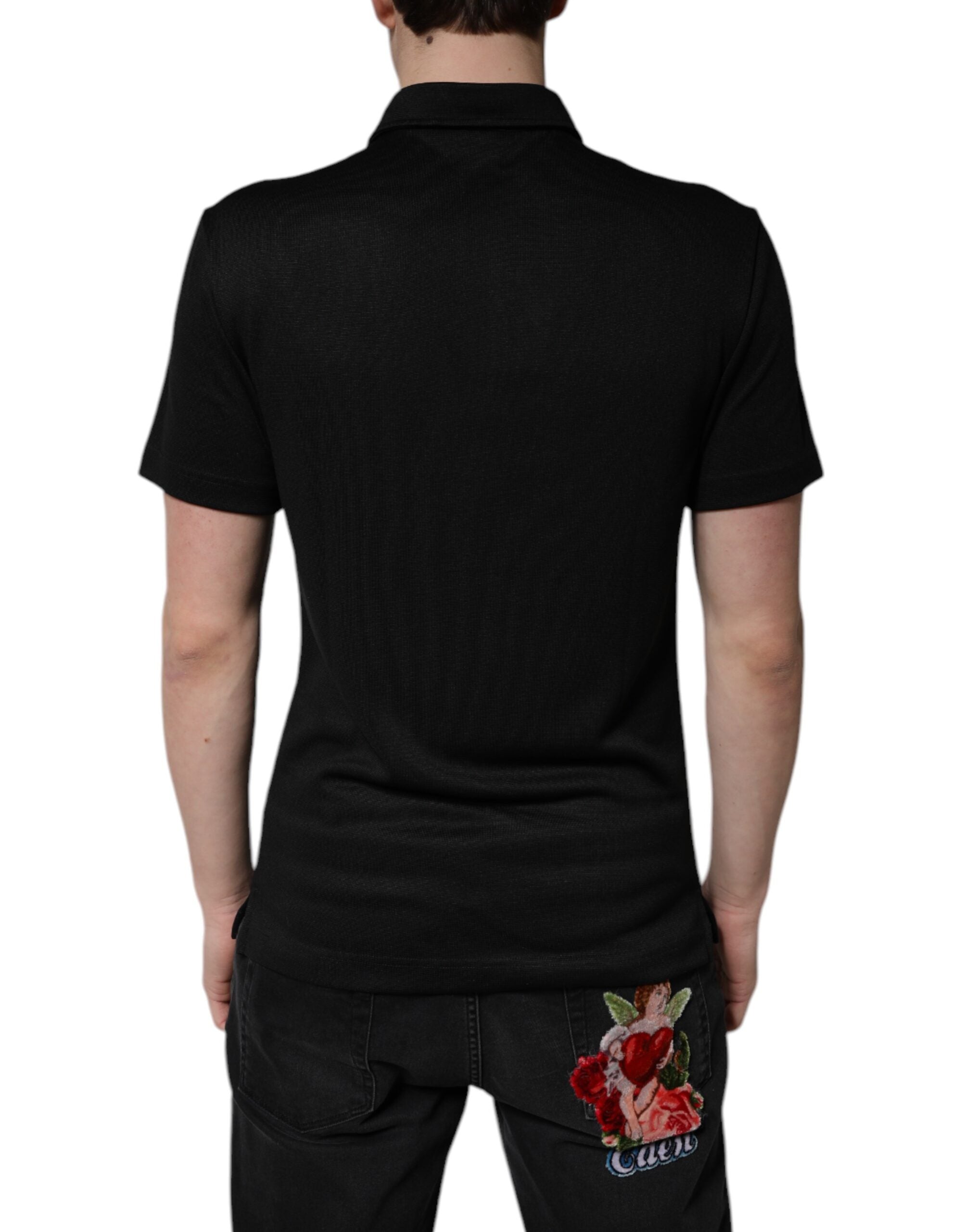 Dolce & Gabbana – Schwarzes Polo-T-Shirt aus Polyester mit DG-Logo und Kragen