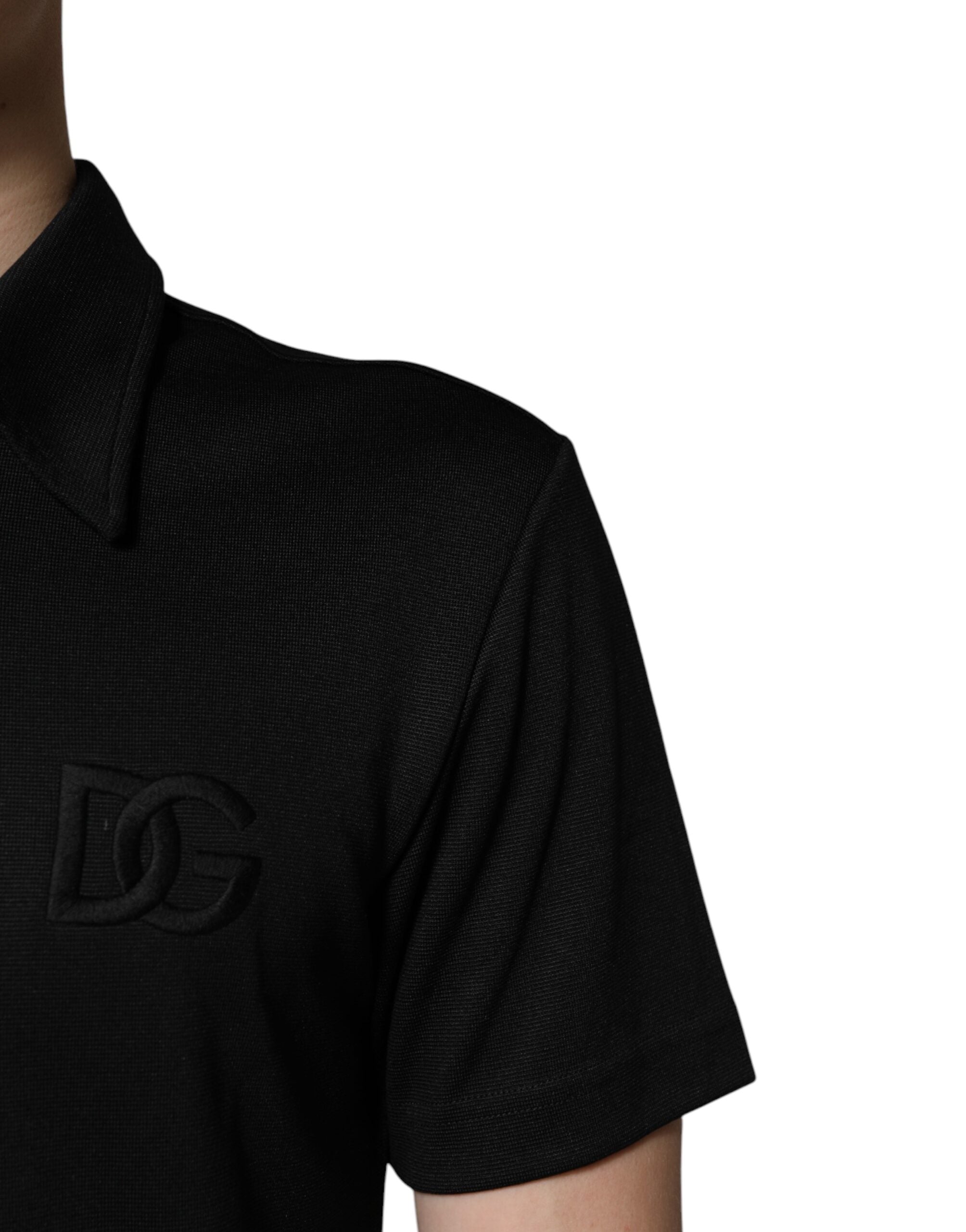 Dolce & Gabbana – Schwarzes Polo-T-Shirt aus Polyester mit DG-Logo und Kragen