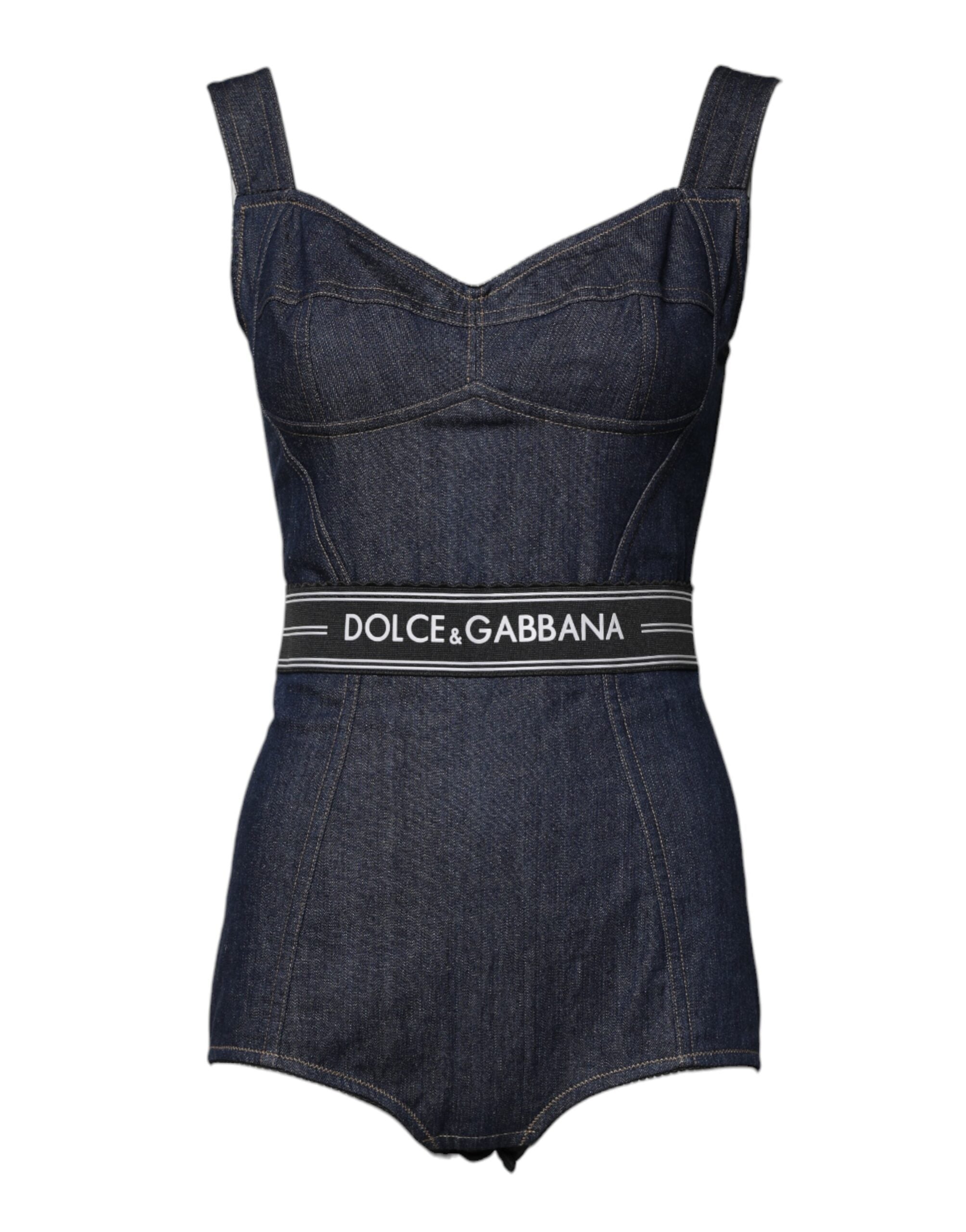 Dolce & Gabbana – Ärmelloser, figurbetonter Denim-Body aus Baumwollstretch in Blau