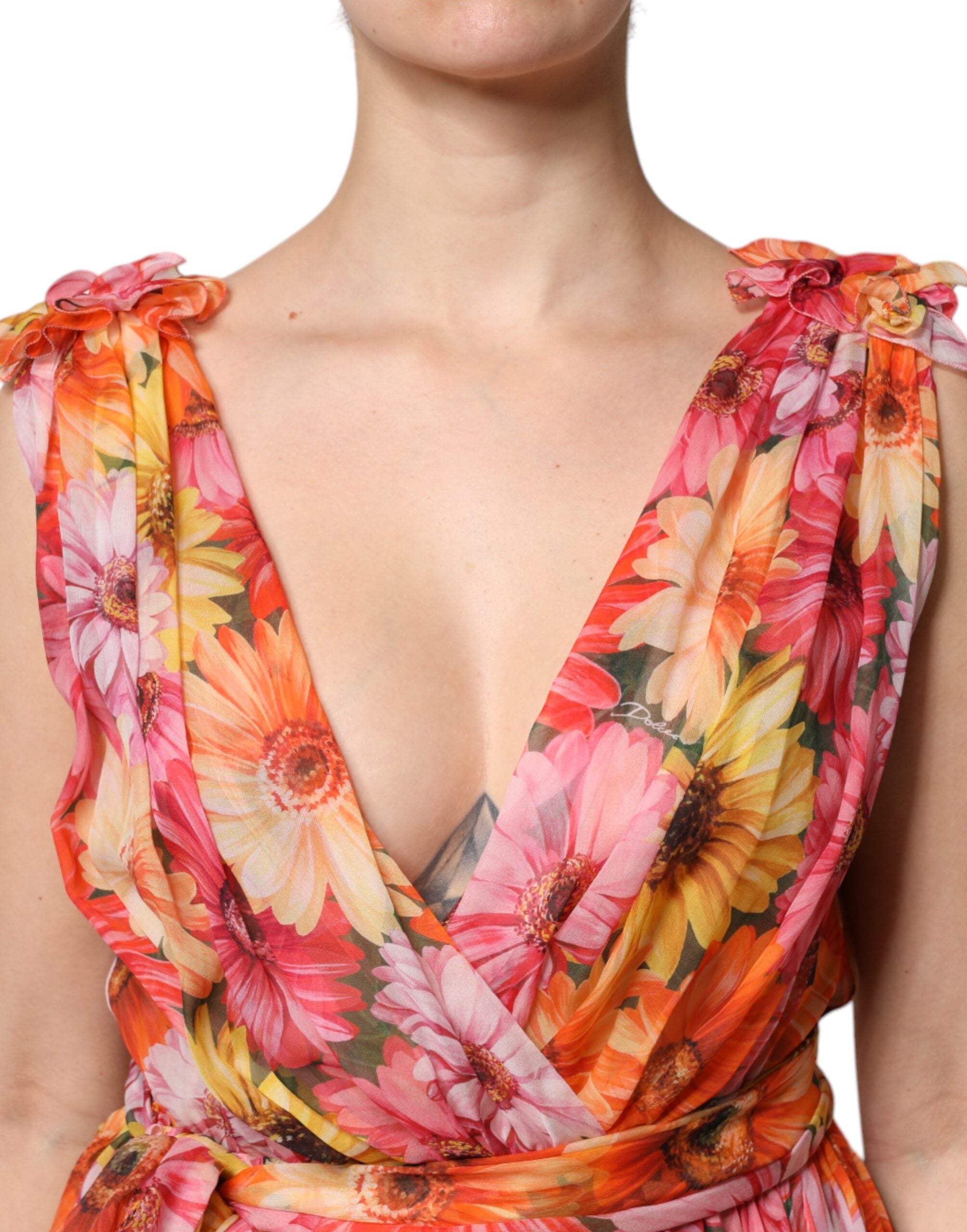 Rochie Dolce & Gabbana din șifon cu decolteu în V și mătase florală multicoloră