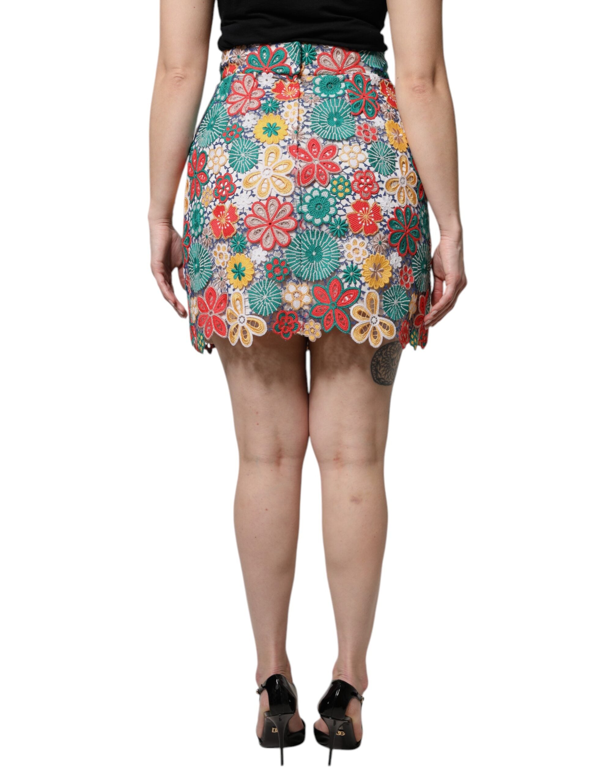 Dolce & Gabbana Mehrfarbiger Minirock mit hoher Taille und Blumenspitze