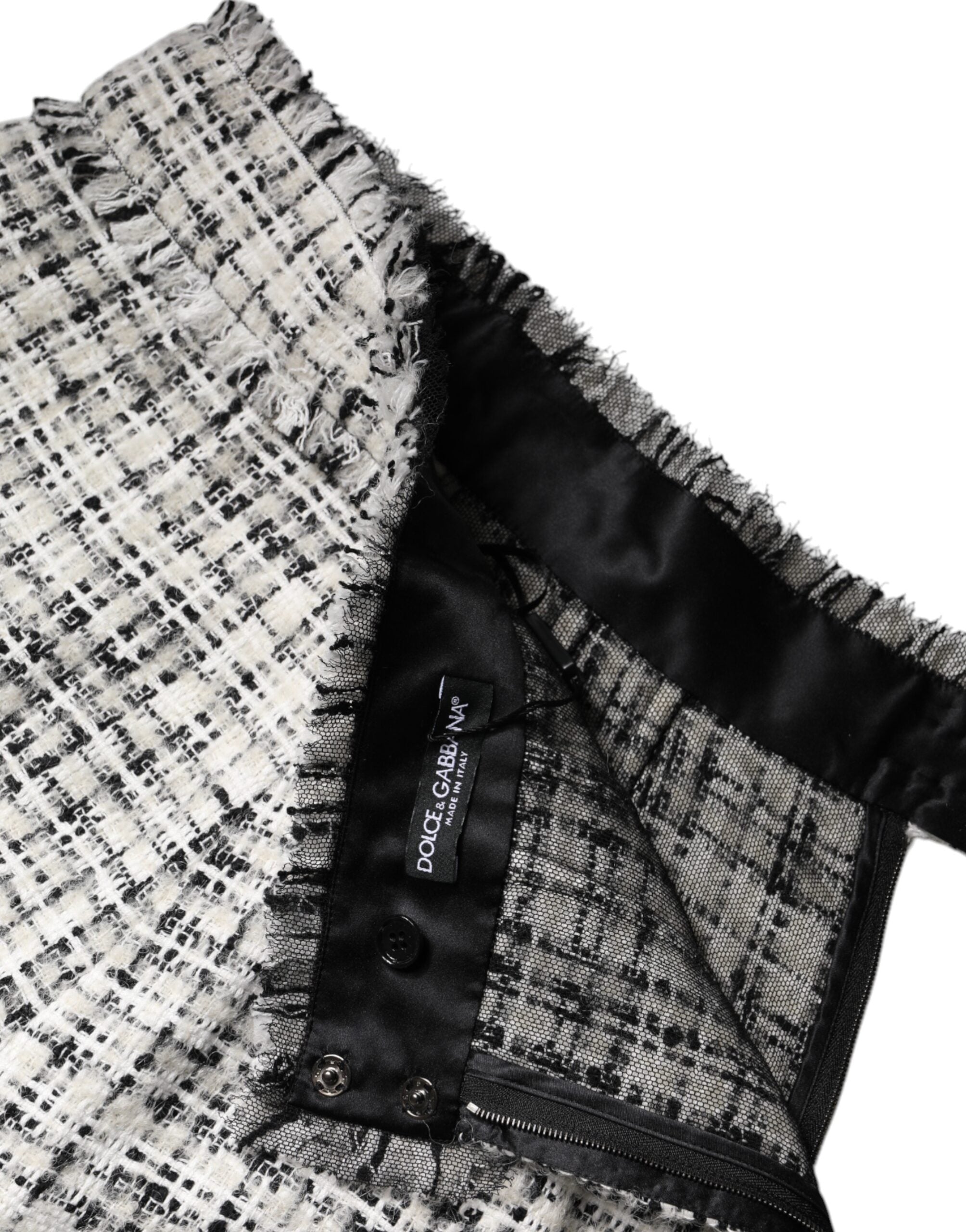 Dolce & Gabbana – Weiß-schwarzer Minirock aus Tweed mit hoher Taille und Schottenkaro