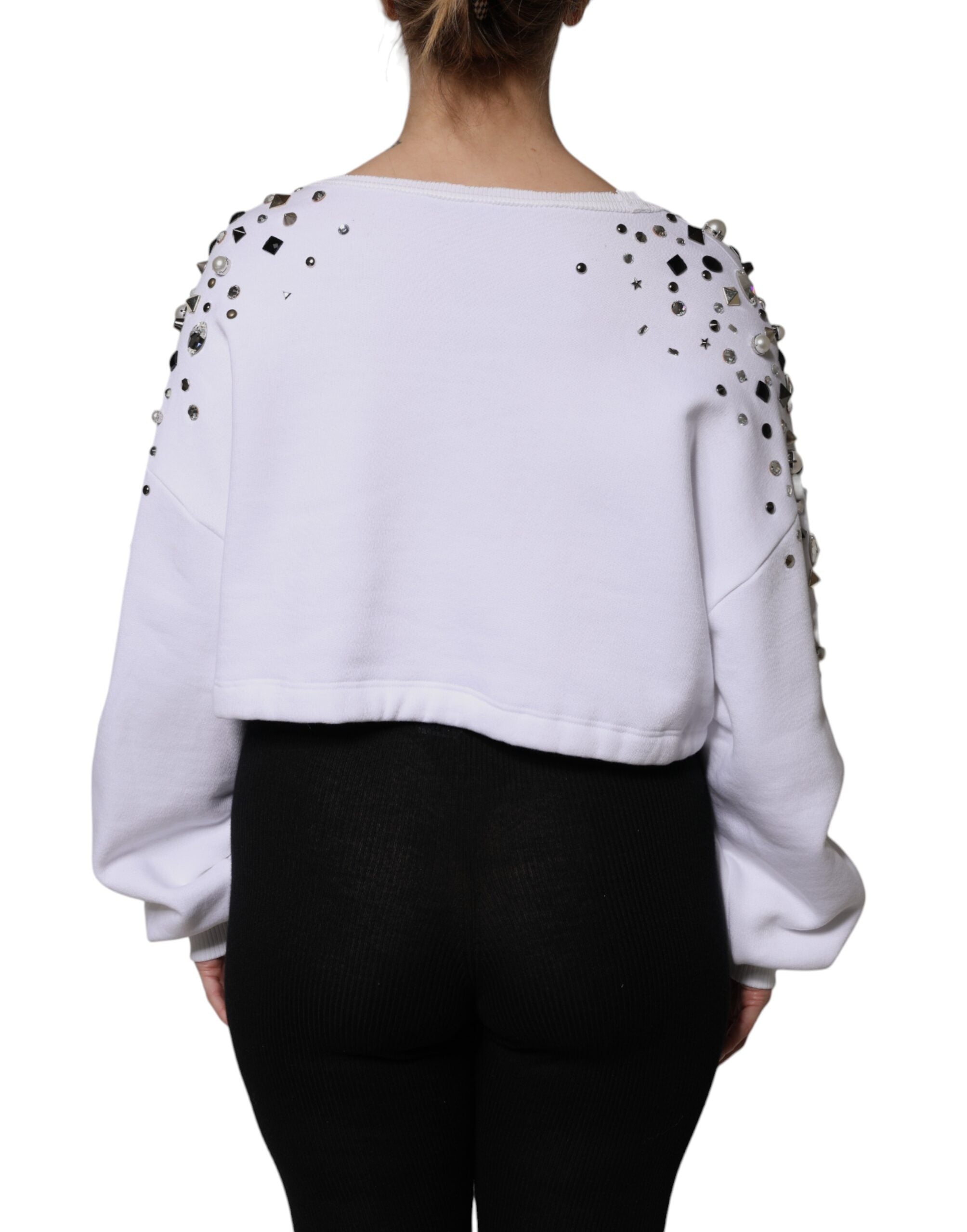 Dolce & Gabbana – Weißer, verzierter, langärmliger Kurzpullover