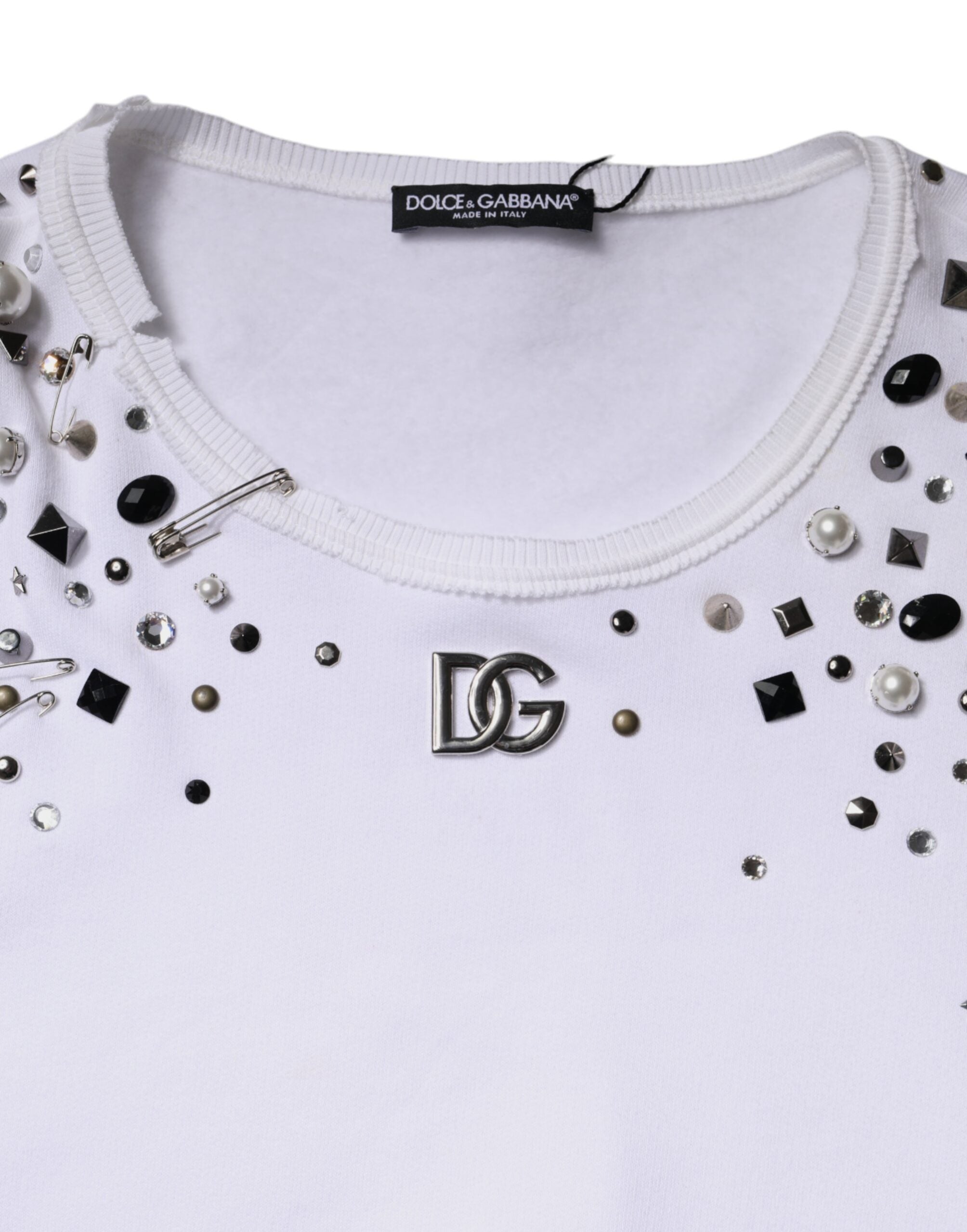 Dolce & Gabbana – Weißer, verzierter, langärmliger Kurzpullover