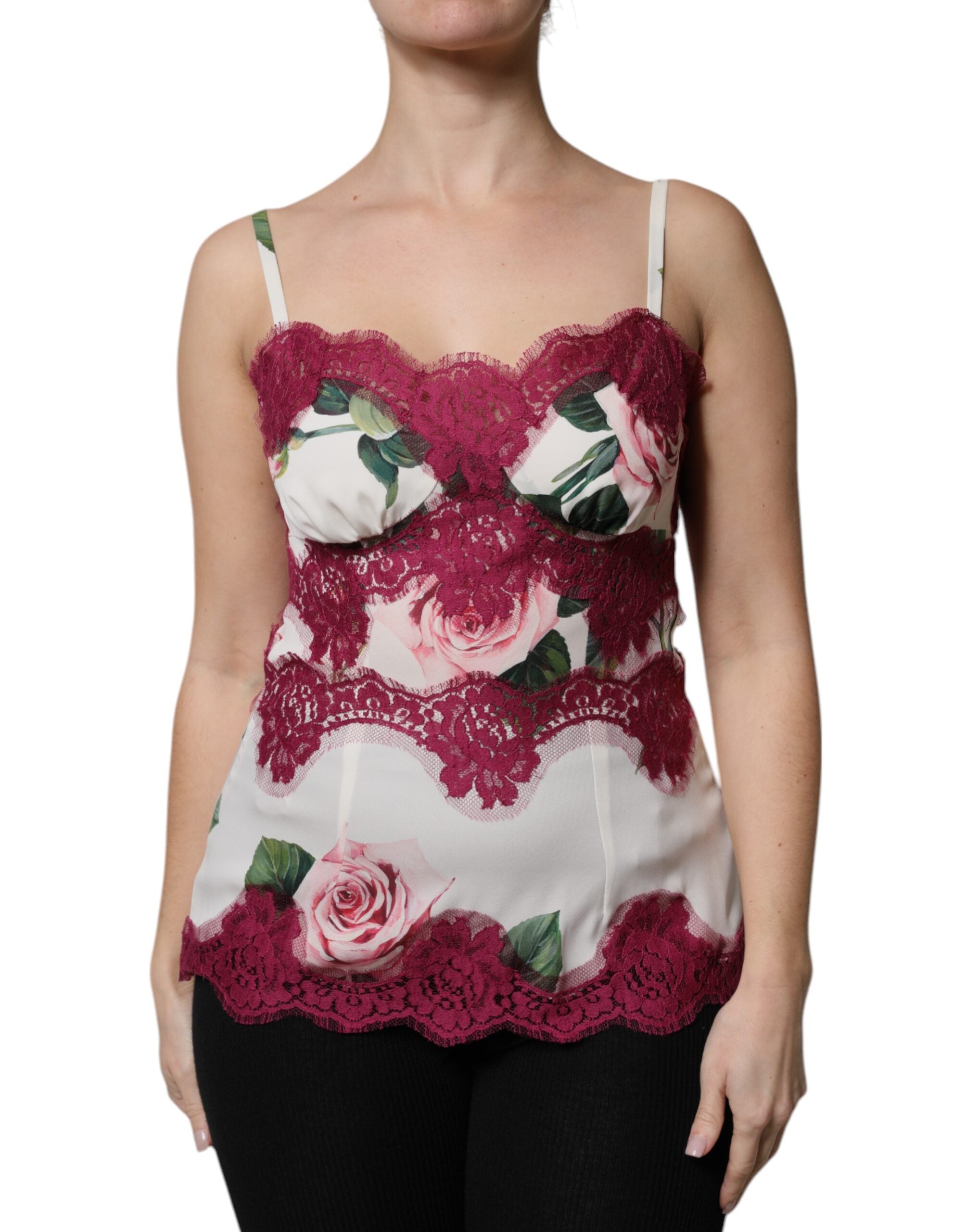 Dolce & Gabbana – Weißes Tanktop aus Satin und Spitze mit Rosenprint
