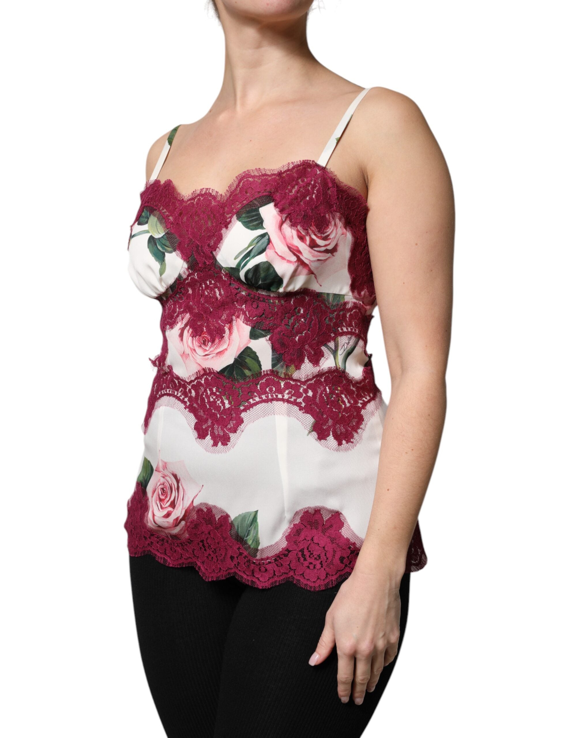 Dolce & Gabbana – Weißes Tanktop aus Satin und Spitze mit Rosenprint