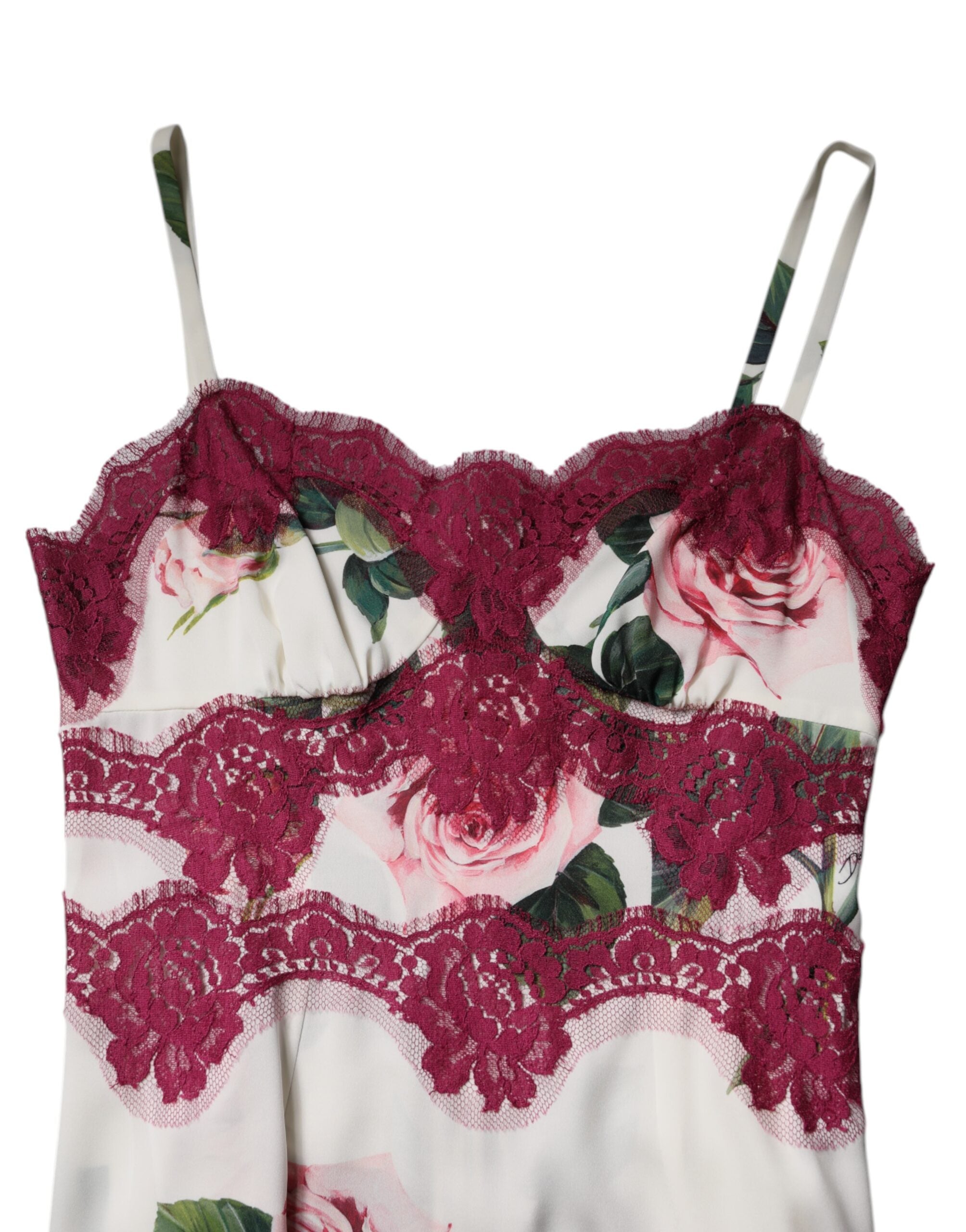 Dolce & Gabbana – Weißes Tanktop aus Satin und Spitze mit Rosenprint