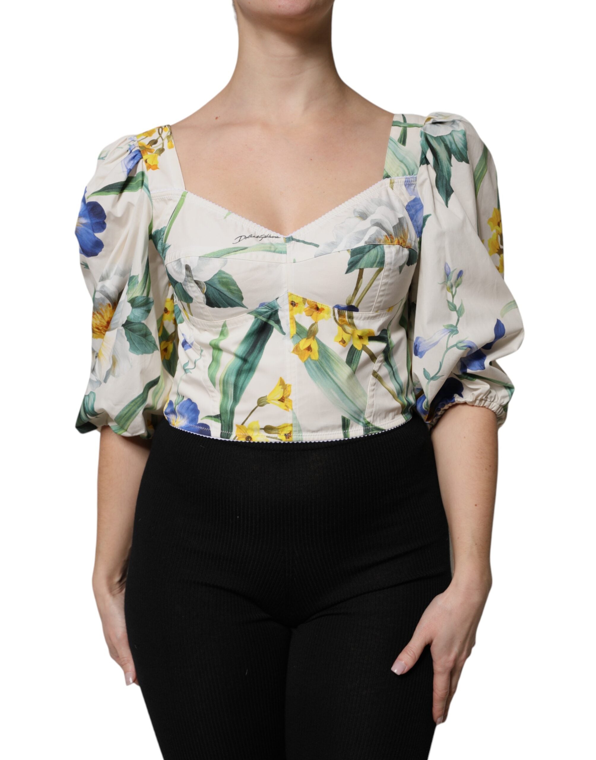 Dolce & Gabbana – Kurze Bluse mit Puffärmeln und Blumenmuster in Weiß