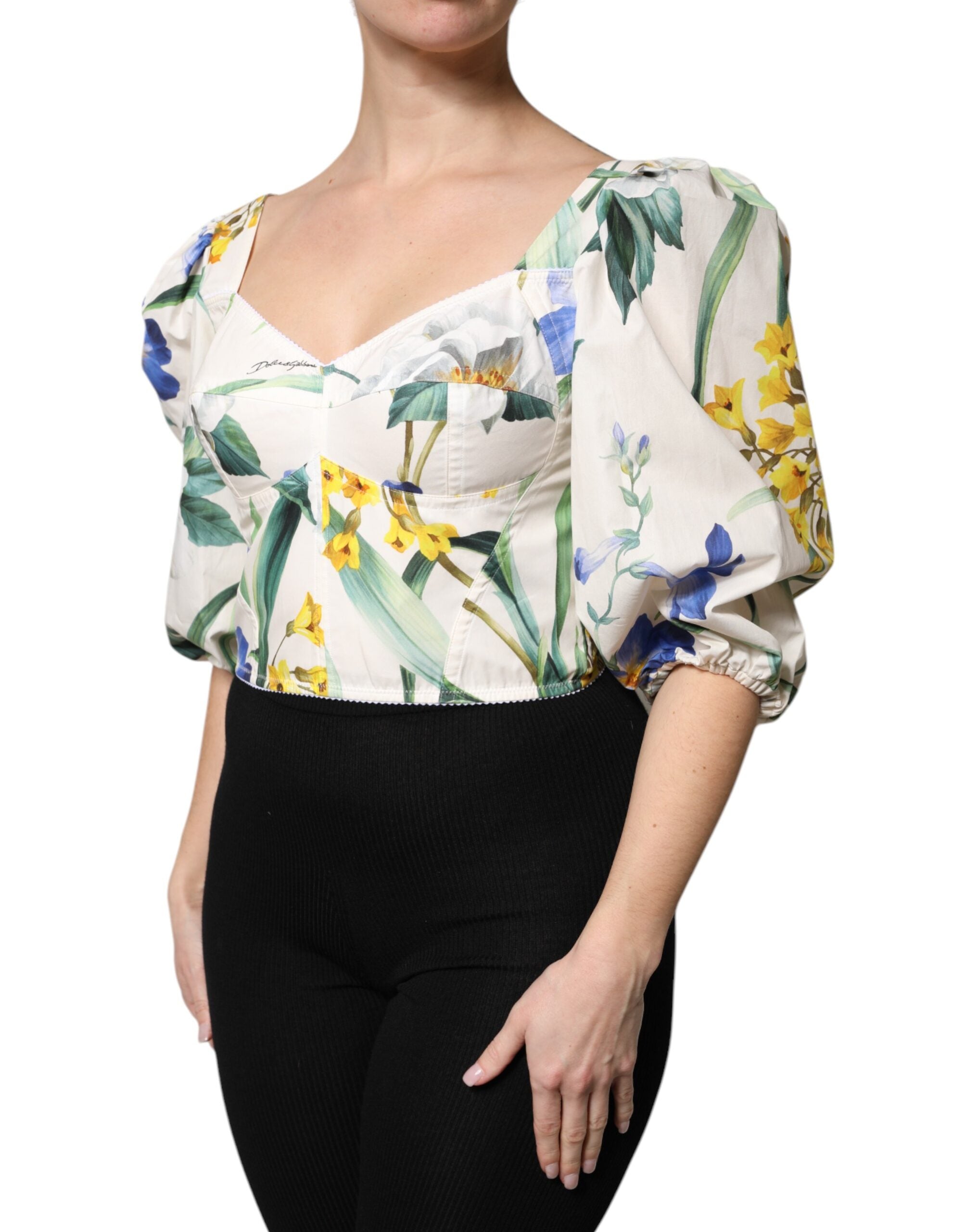 Dolce & Gabbana – Kurze Bluse mit Puffärmeln und Blumenmuster in Weiß