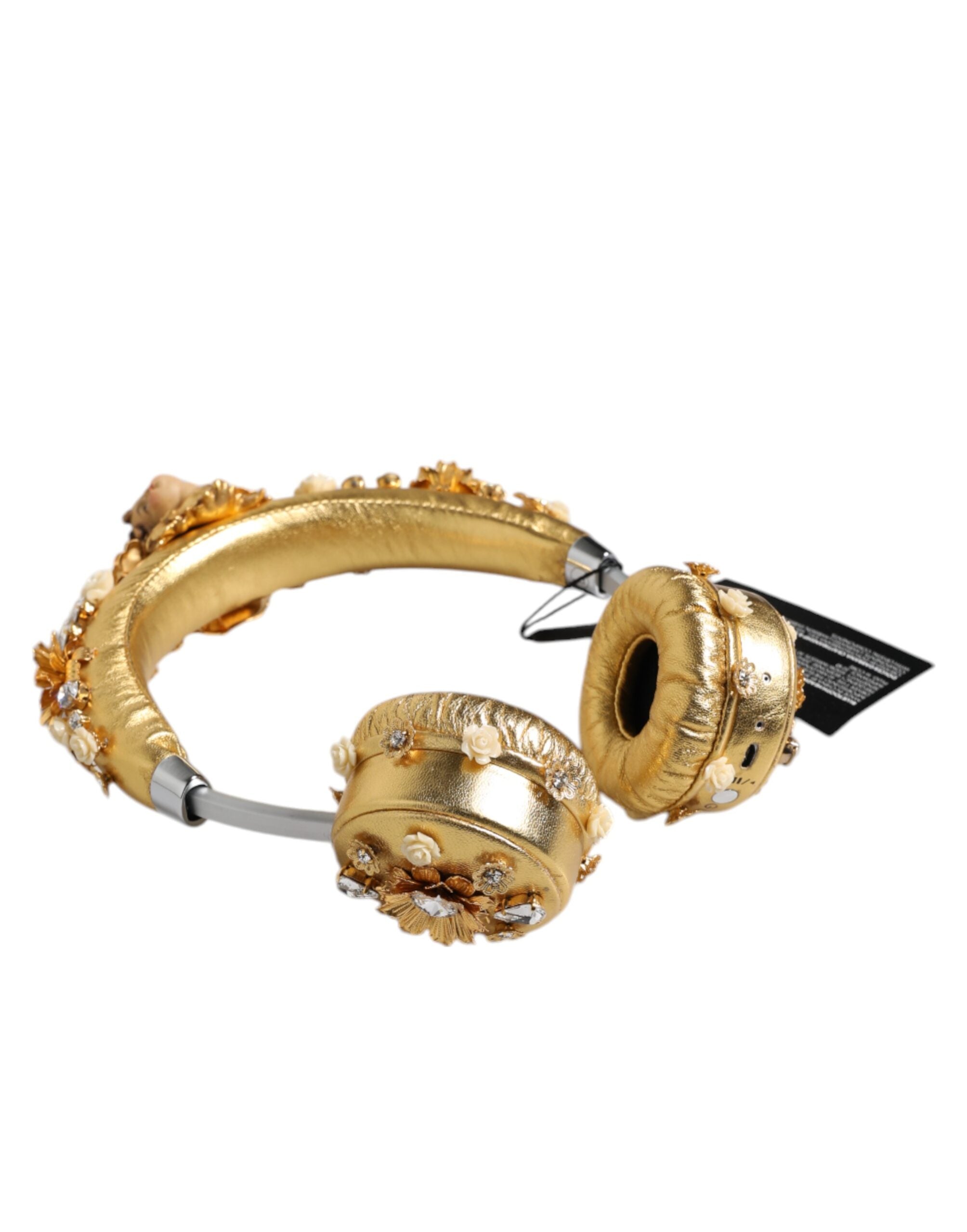 Căști Dolce & Gabbana din piele aurie cu model floral și cristal Angel