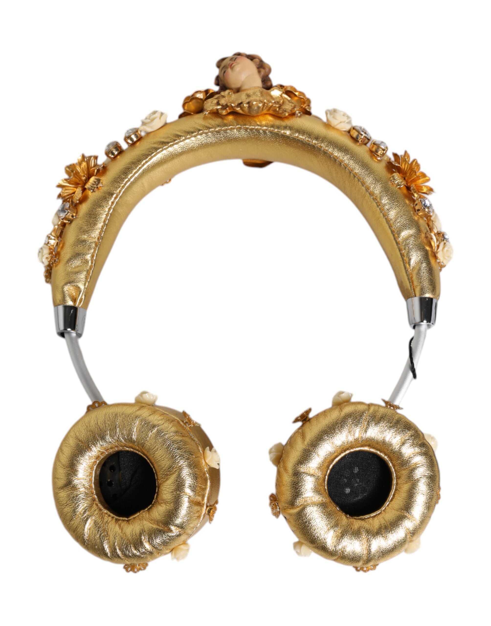 Căști Dolce & Gabbana din piele aurie cu model floral și cristal Angel