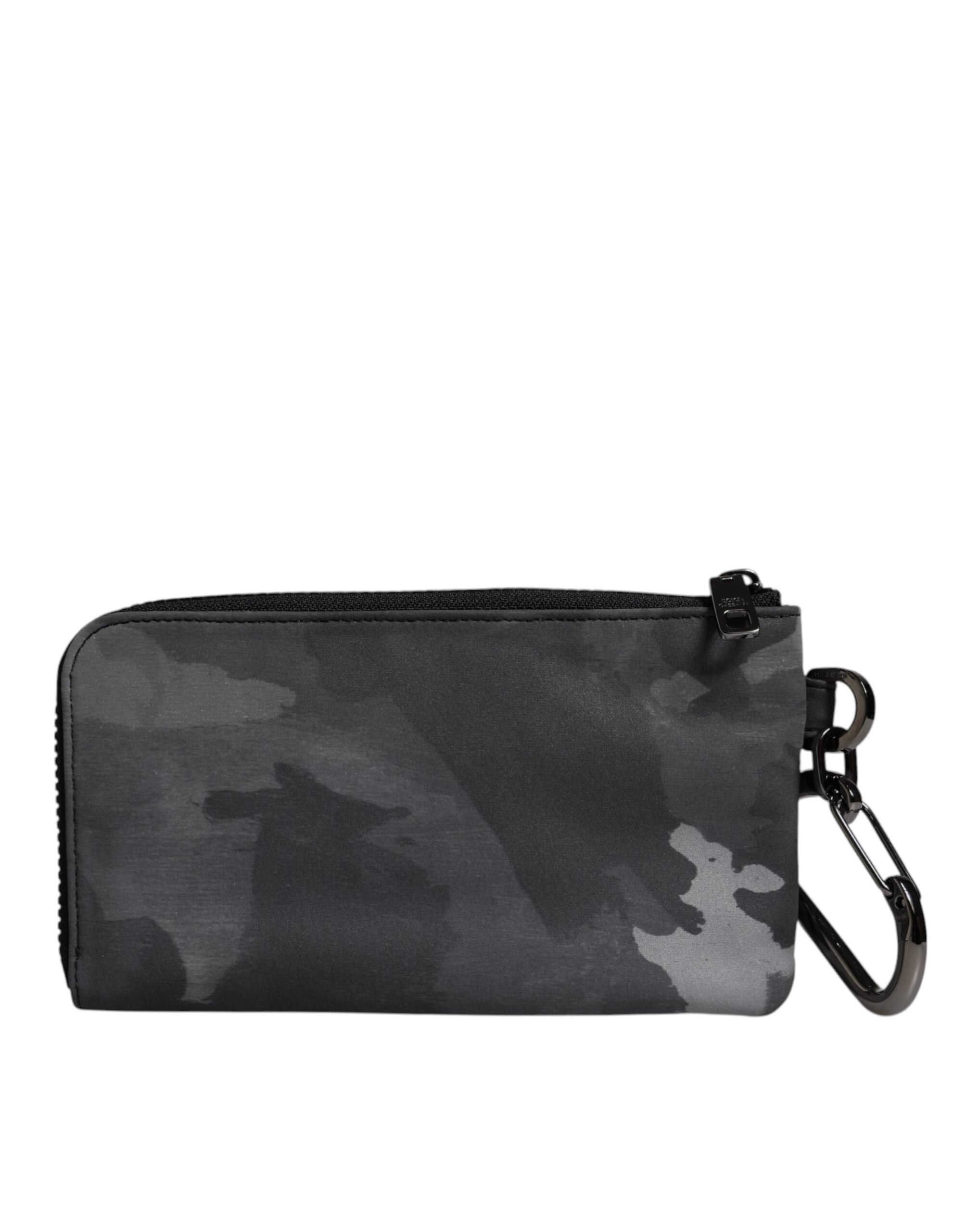 Dolce & Gabbana – Schwarz-graue Camouflage-Tasche mit Logo-Plakette und Schlüsselanhänger