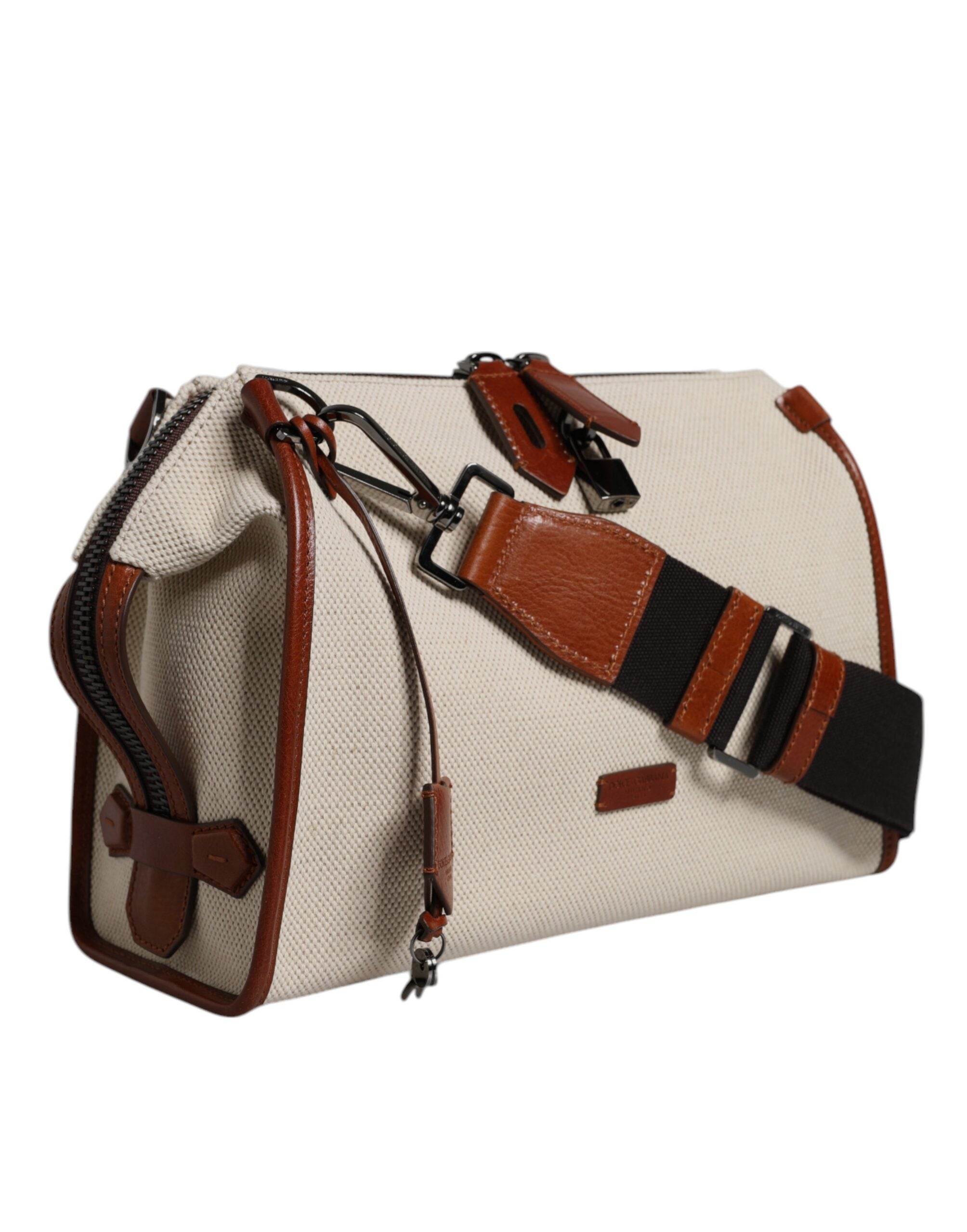 Dolce & Gabbana Beige Braune Duffle-Umhängetasche aus Baumwollleder