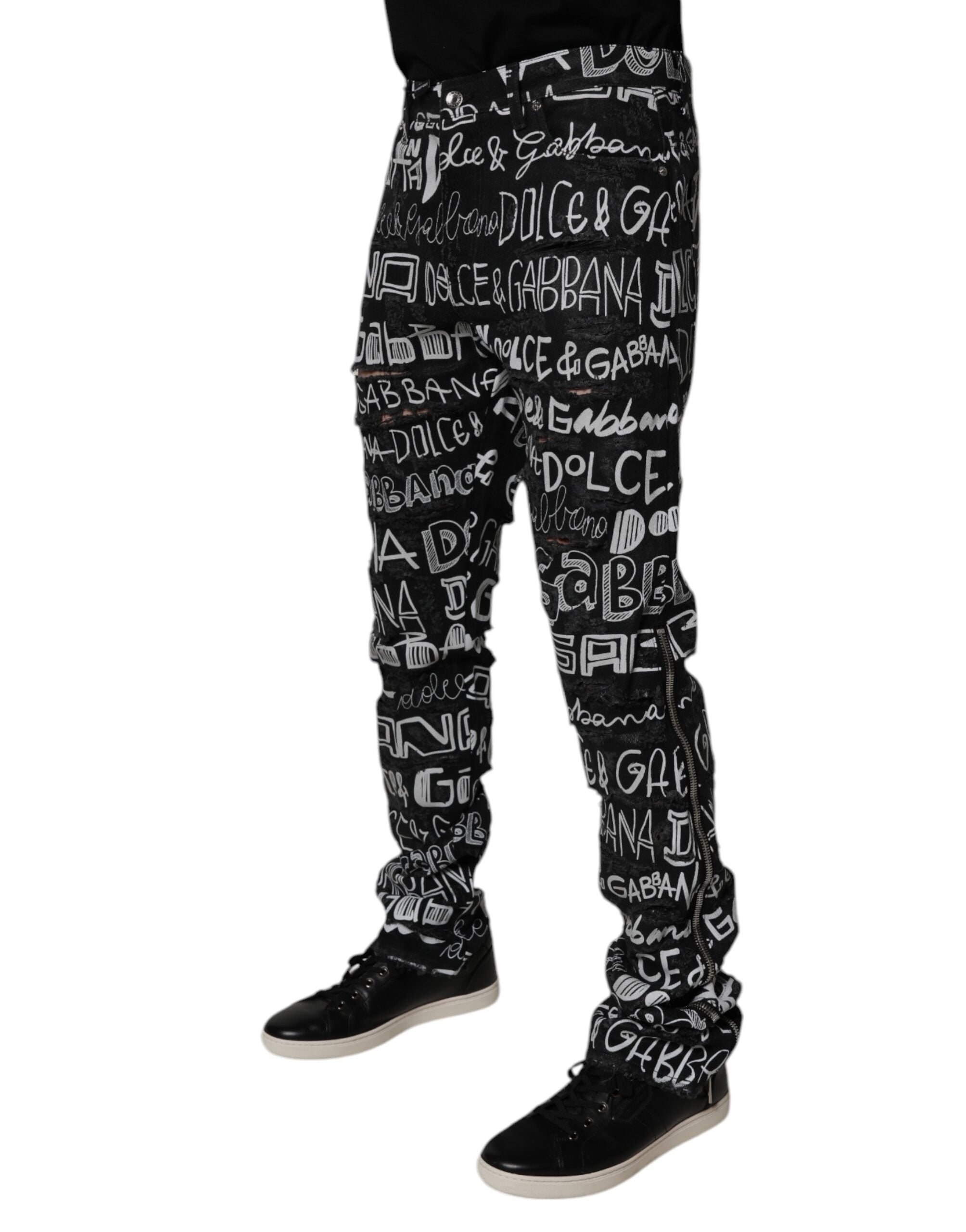 Blugi drepți din denim Dolce & Gabbana negri din bumbac cu imprimeu cu logo