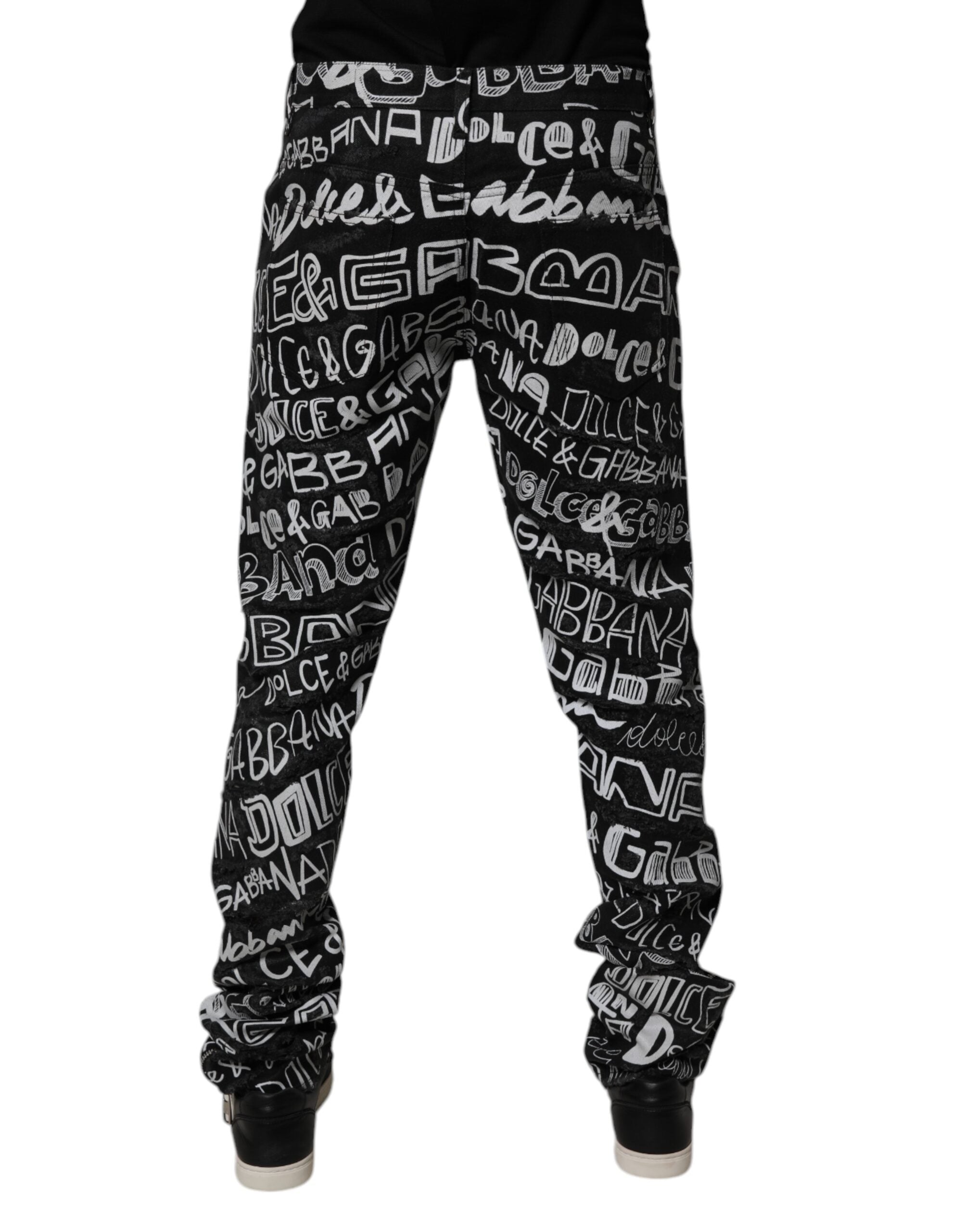 Blugi drepți din denim Dolce & Gabbana negri din bumbac cu imprimeu cu logo