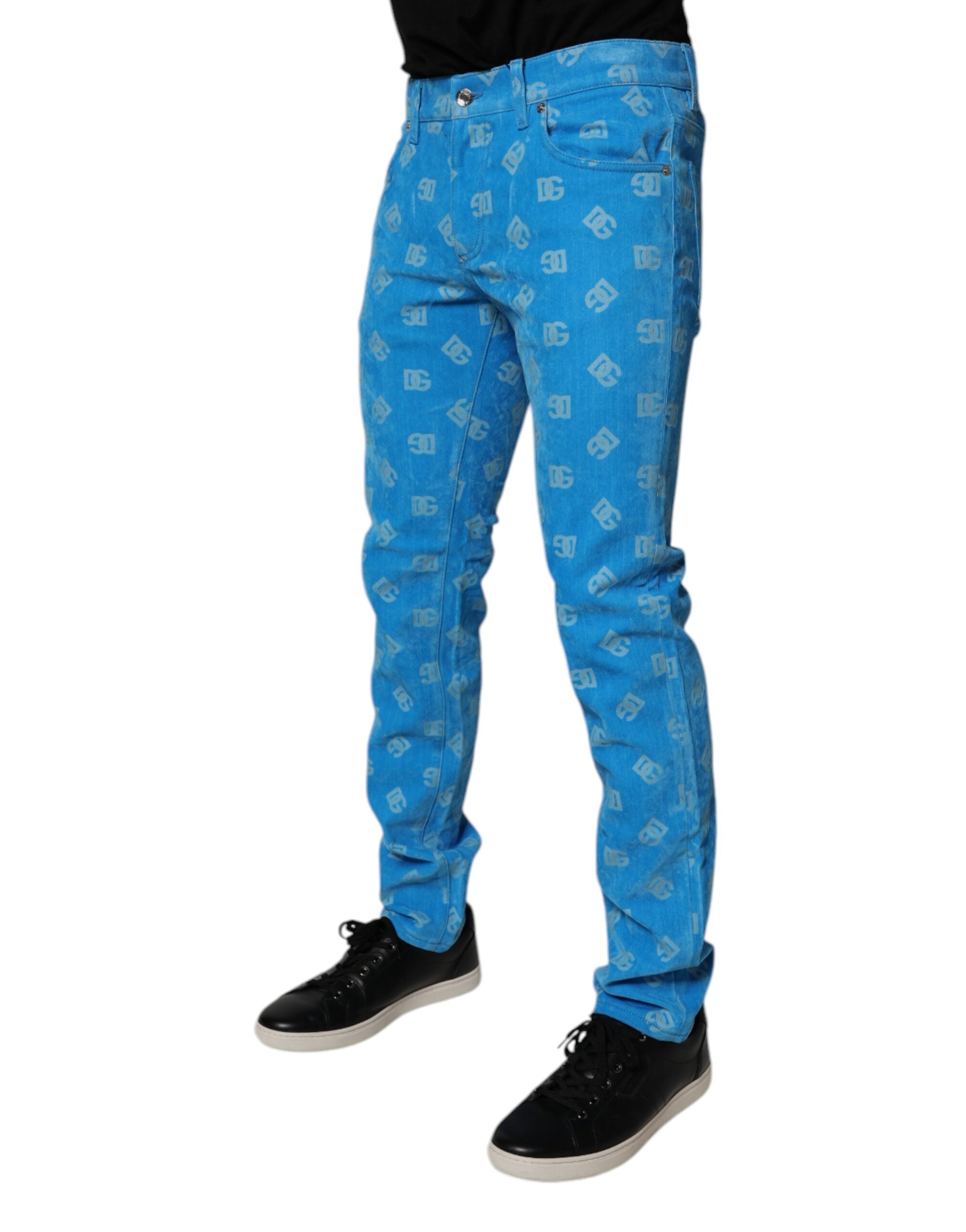 Blugi skinny din denim cu monogramă și logo albastru Dolce & Gabbana