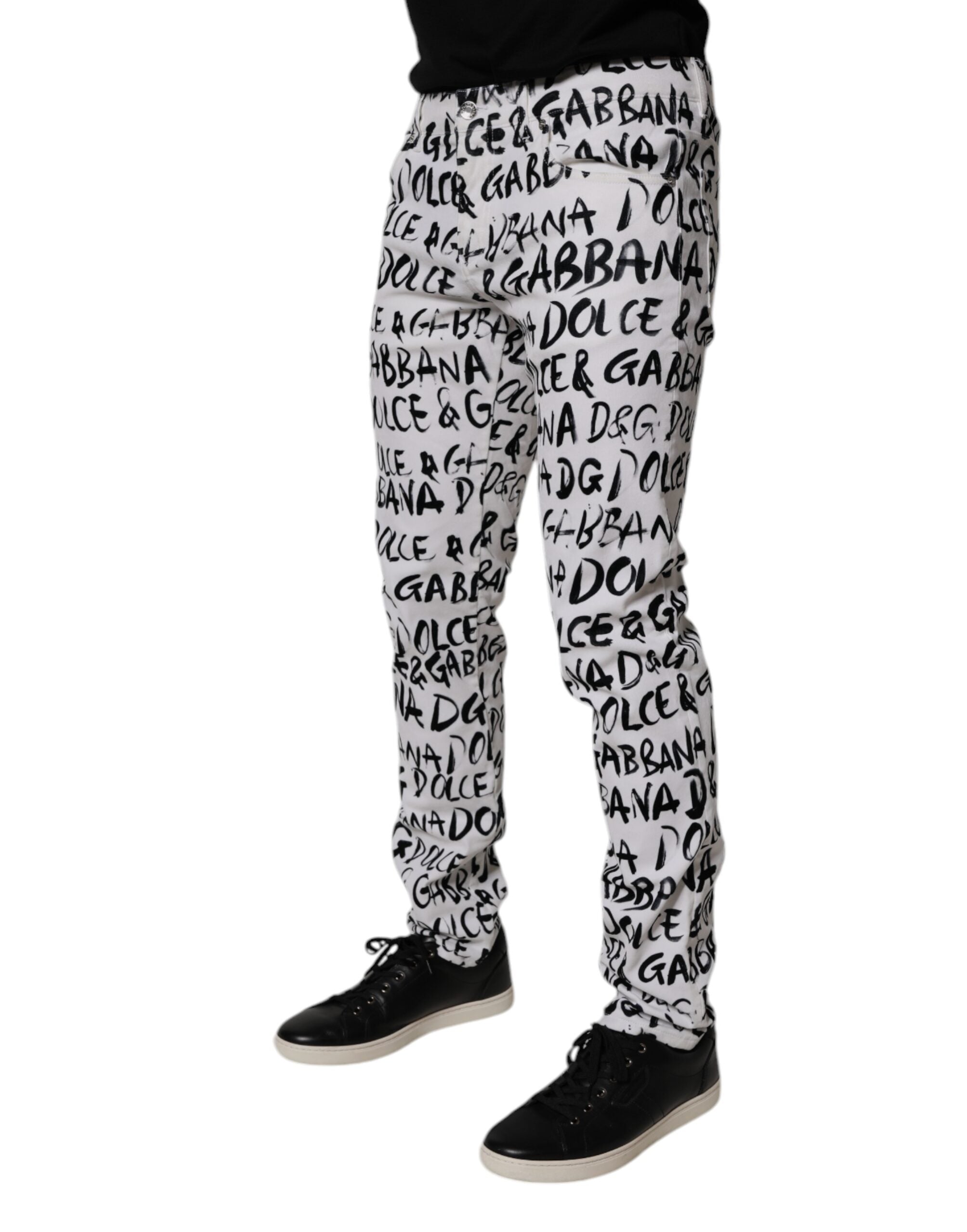 Blugi skinny din denim cu imprimeu logo din bumbac alb Dolce & Gabbana