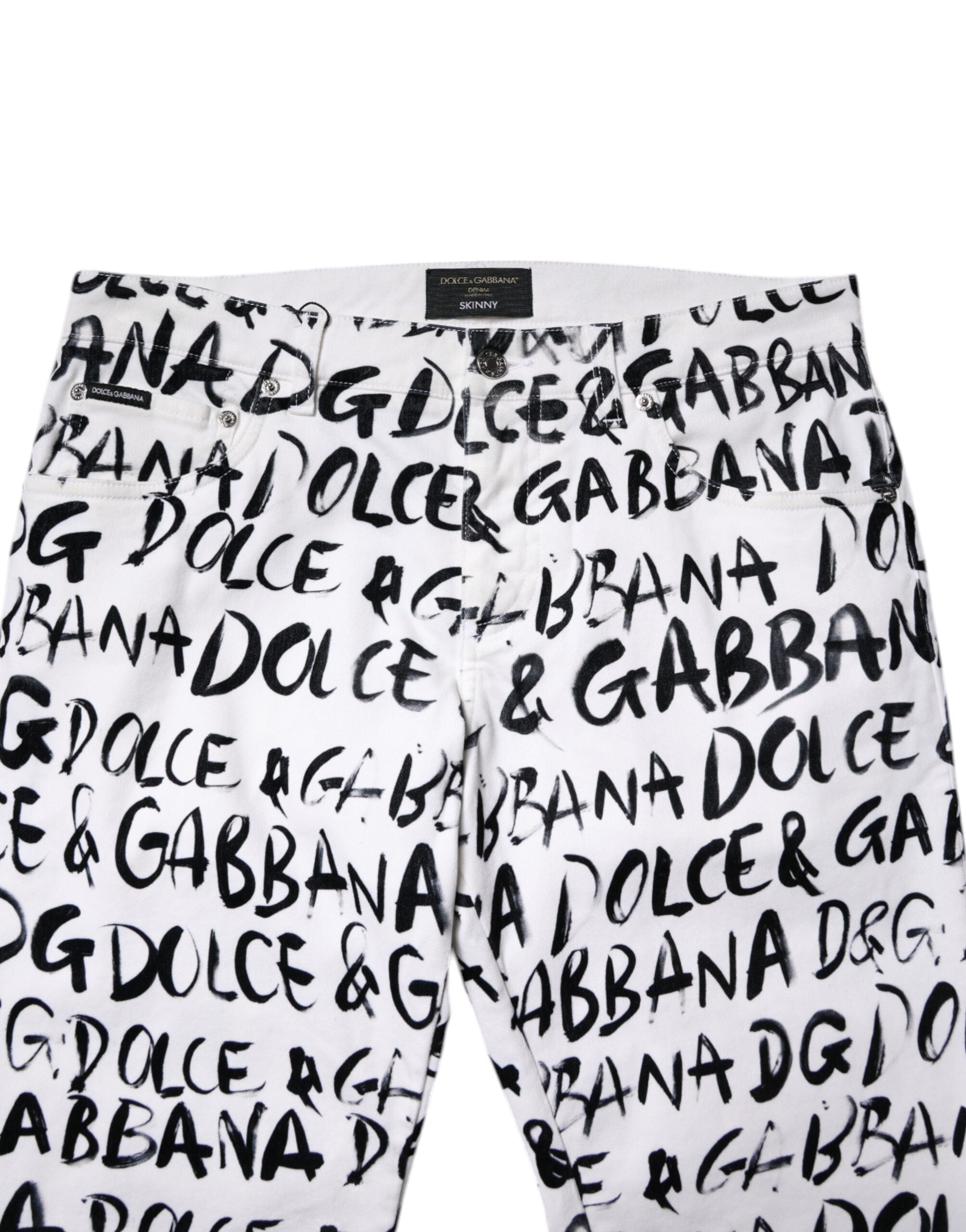Blugi skinny din denim cu imprimeu logo din bumbac alb Dolce & Gabbana