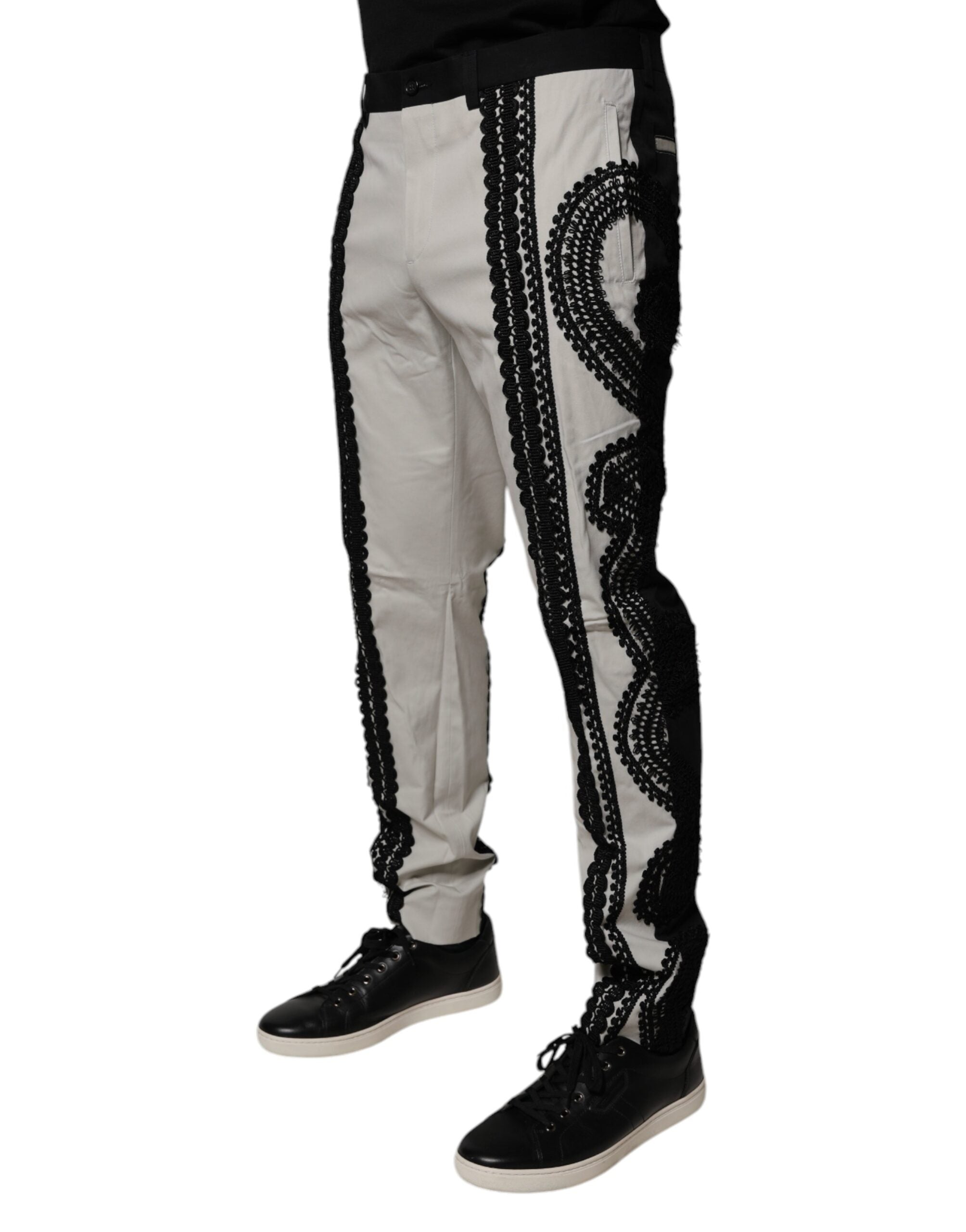 Pantaloni eleganți cu talie medie, model Dolce & Gabbana, din dantelă albă