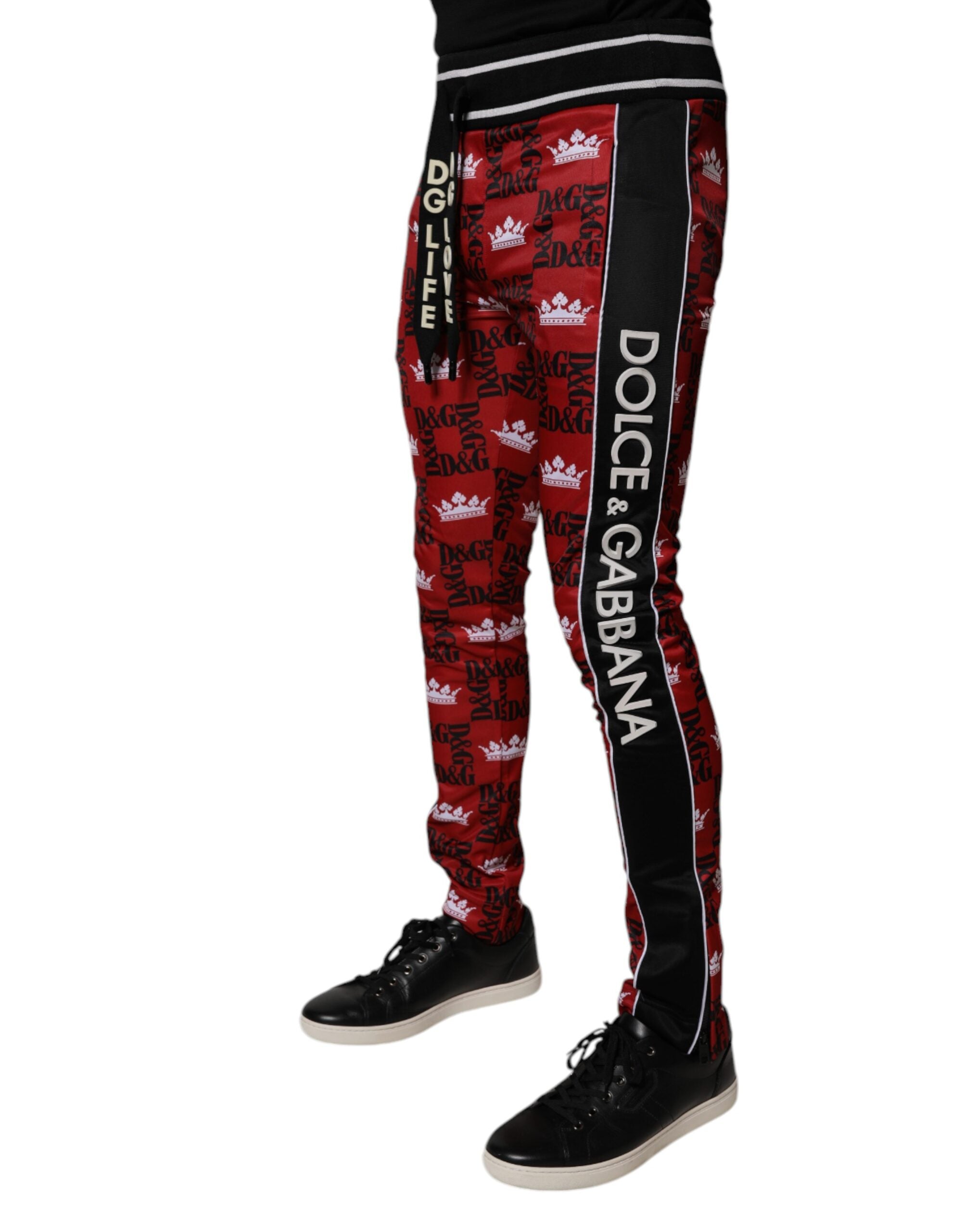 Dolce & Gabbana Pantaloni de trening pentru bărbați cu monogramă și logo coroanei roșii