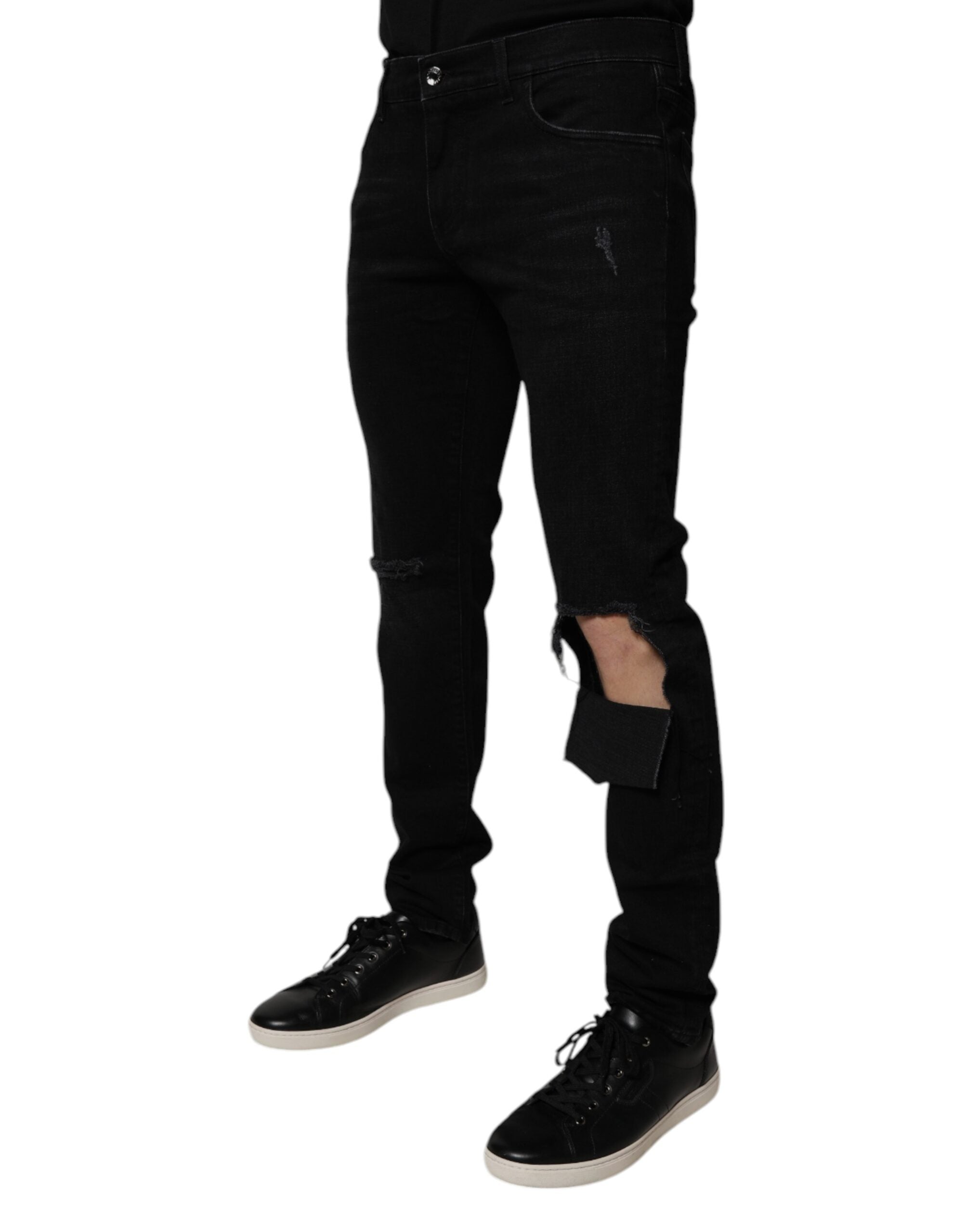 Blugi skinny Dolce & Gabbana negri cu rupturi din bumbac pentru bărbați