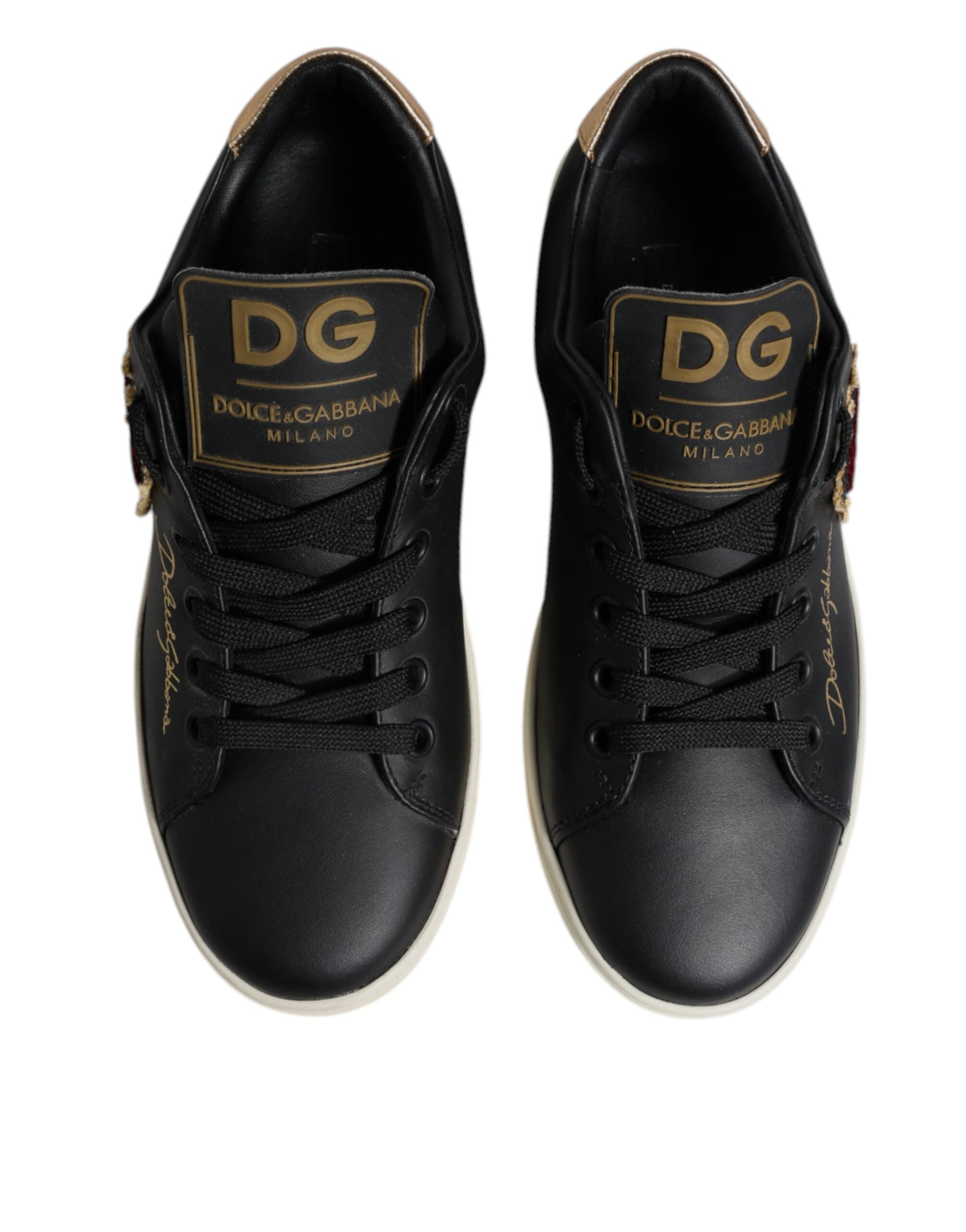 Dolce & Gabbana Schwarze Lederschuhe mit goldenem und rotem Herz