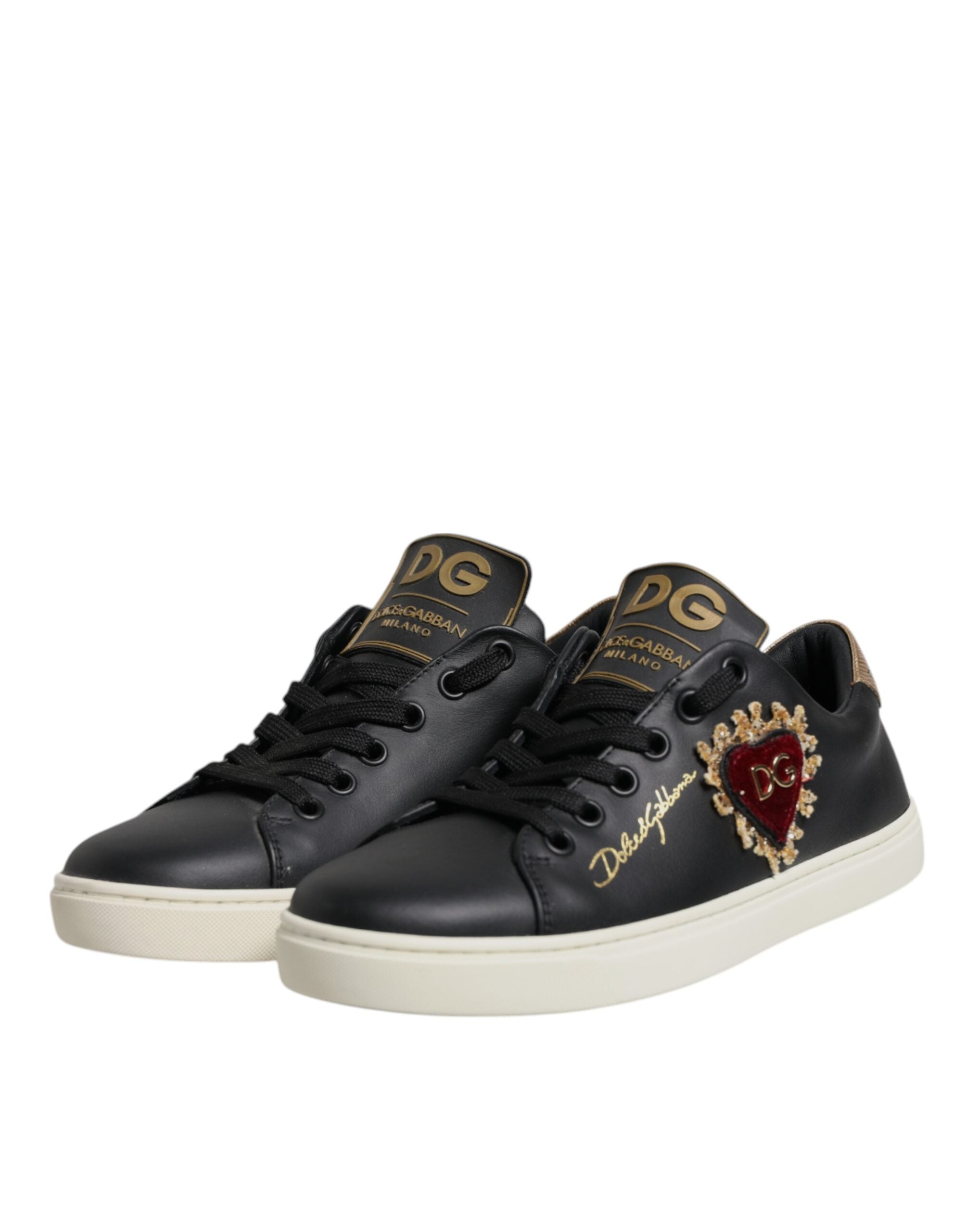 Dolce & Gabbana Schwarze Lederschuhe mit goldenem und rotem Herz