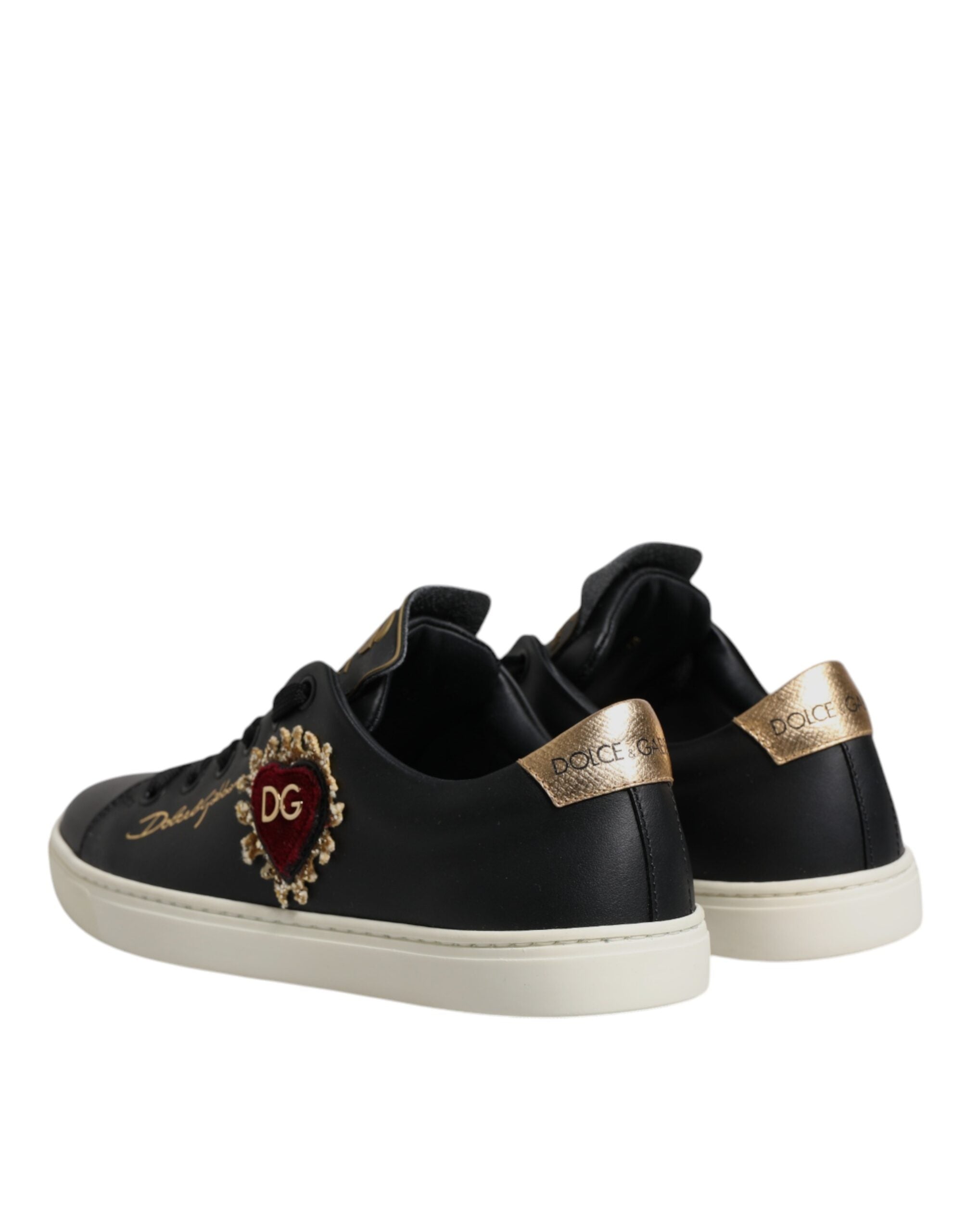 Dolce & Gabbana Schwarze Lederschuhe mit goldenem und rotem Herz