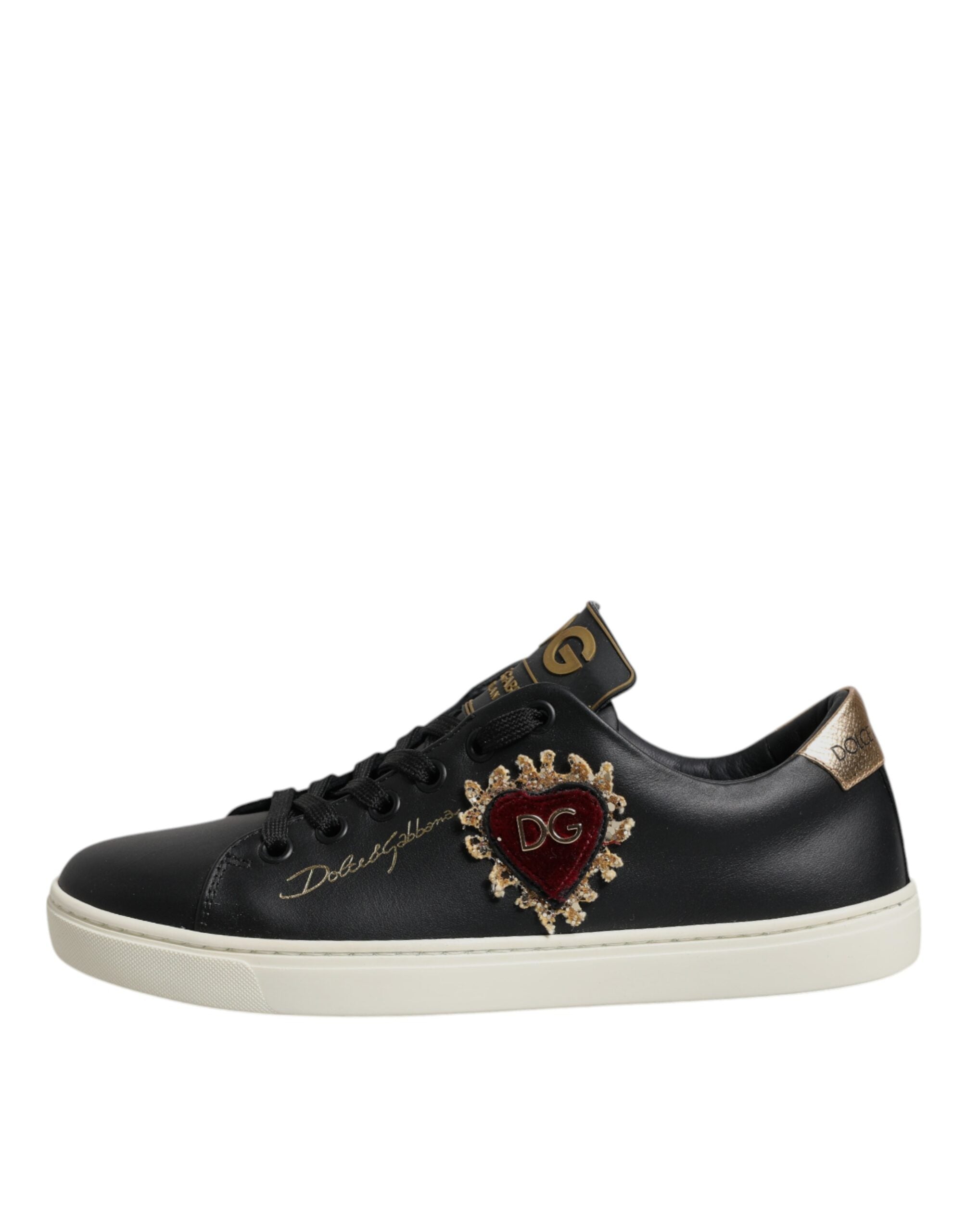 Dolce & Gabbana Schwarze Lederschuhe mit goldenem und rotem Herz