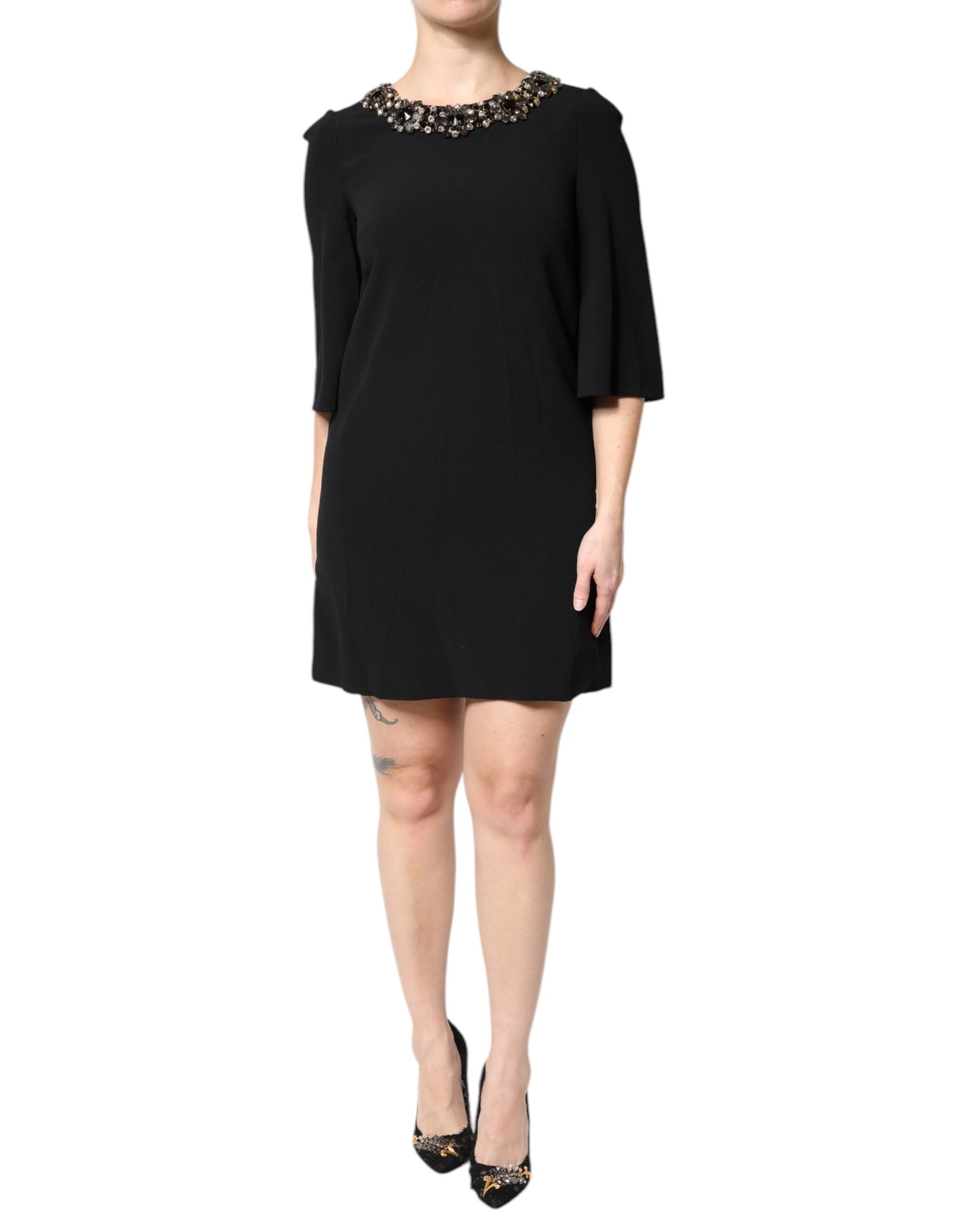 Rochie mini Dolce & Gabbana neagră cu cristale și decolteu rotund