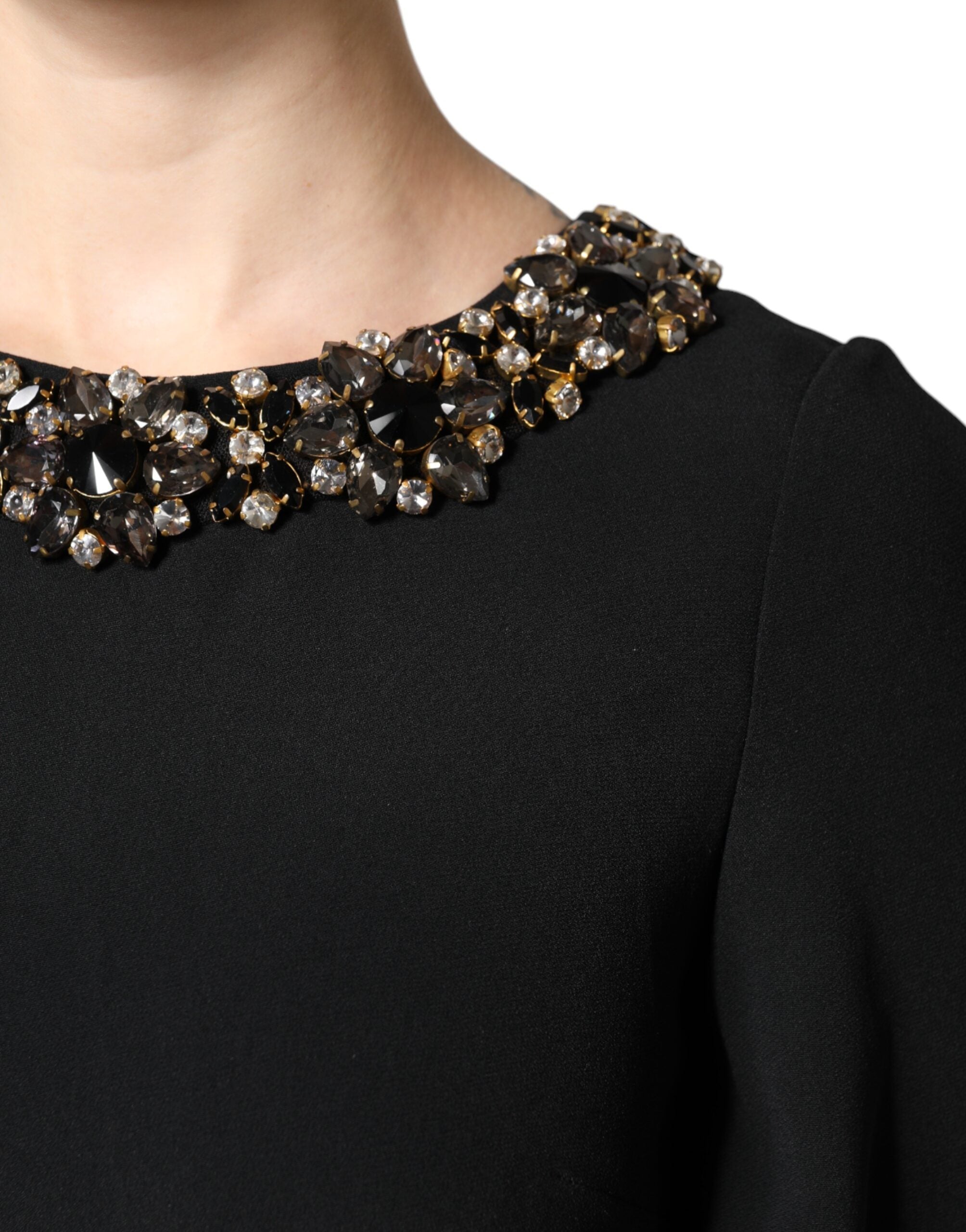 Rochie mini Dolce & Gabbana neagră cu cristale și decolteu rotund