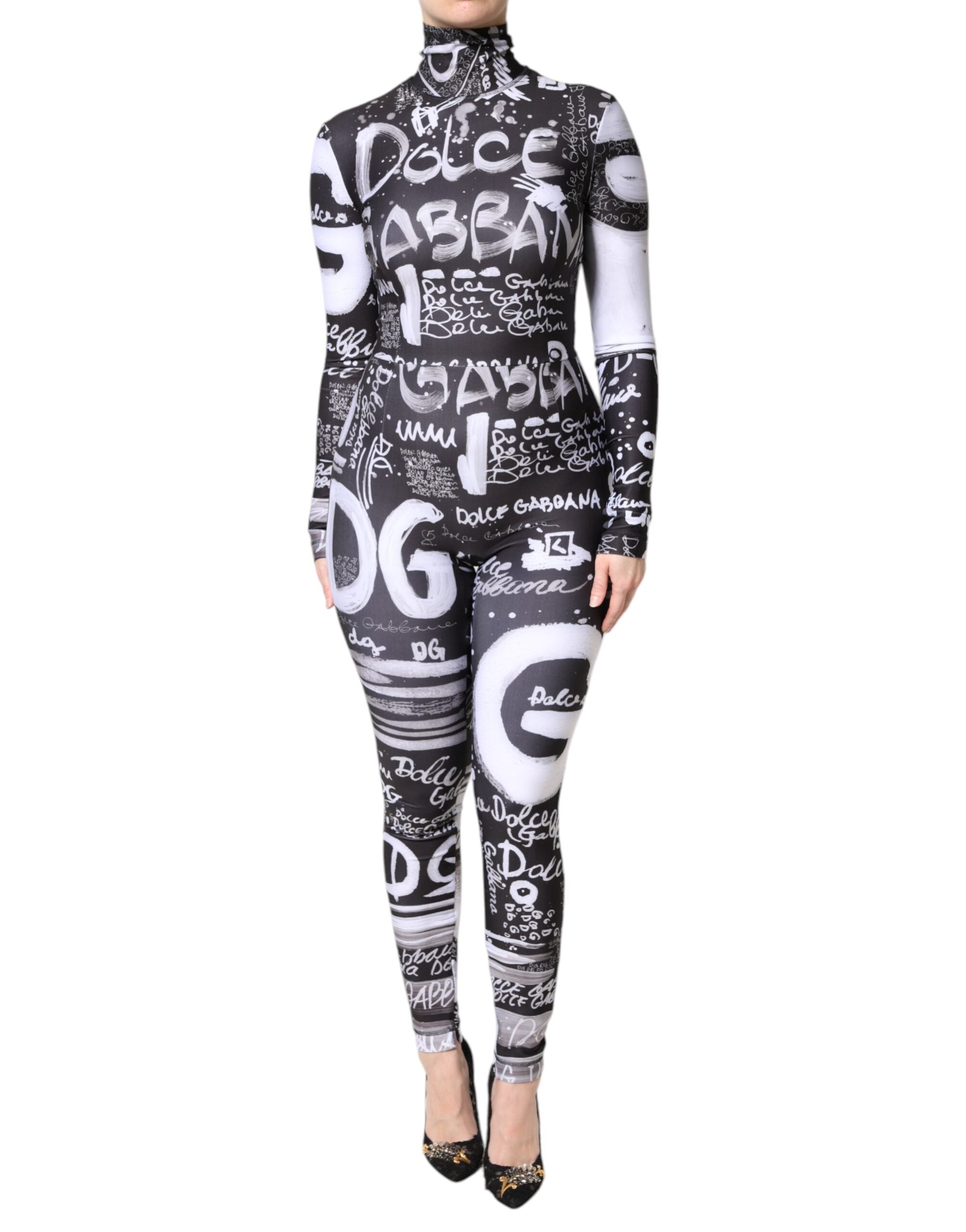 Rochie Dolce & Gabbana neagră cu guler înalt și logo, mulată, salopetă