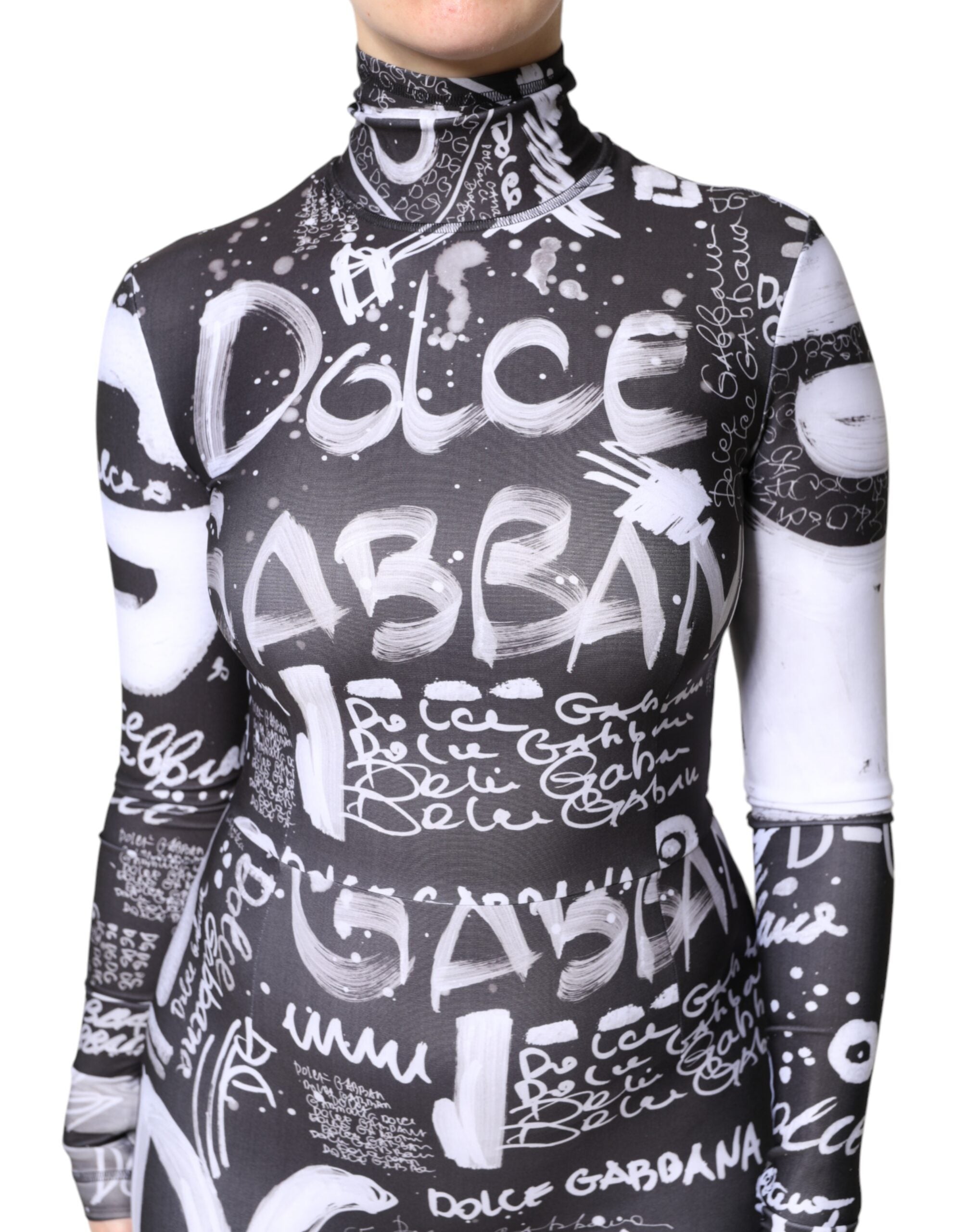 Rochie Dolce & Gabbana neagră cu guler înalt și logo, mulată, salopetă