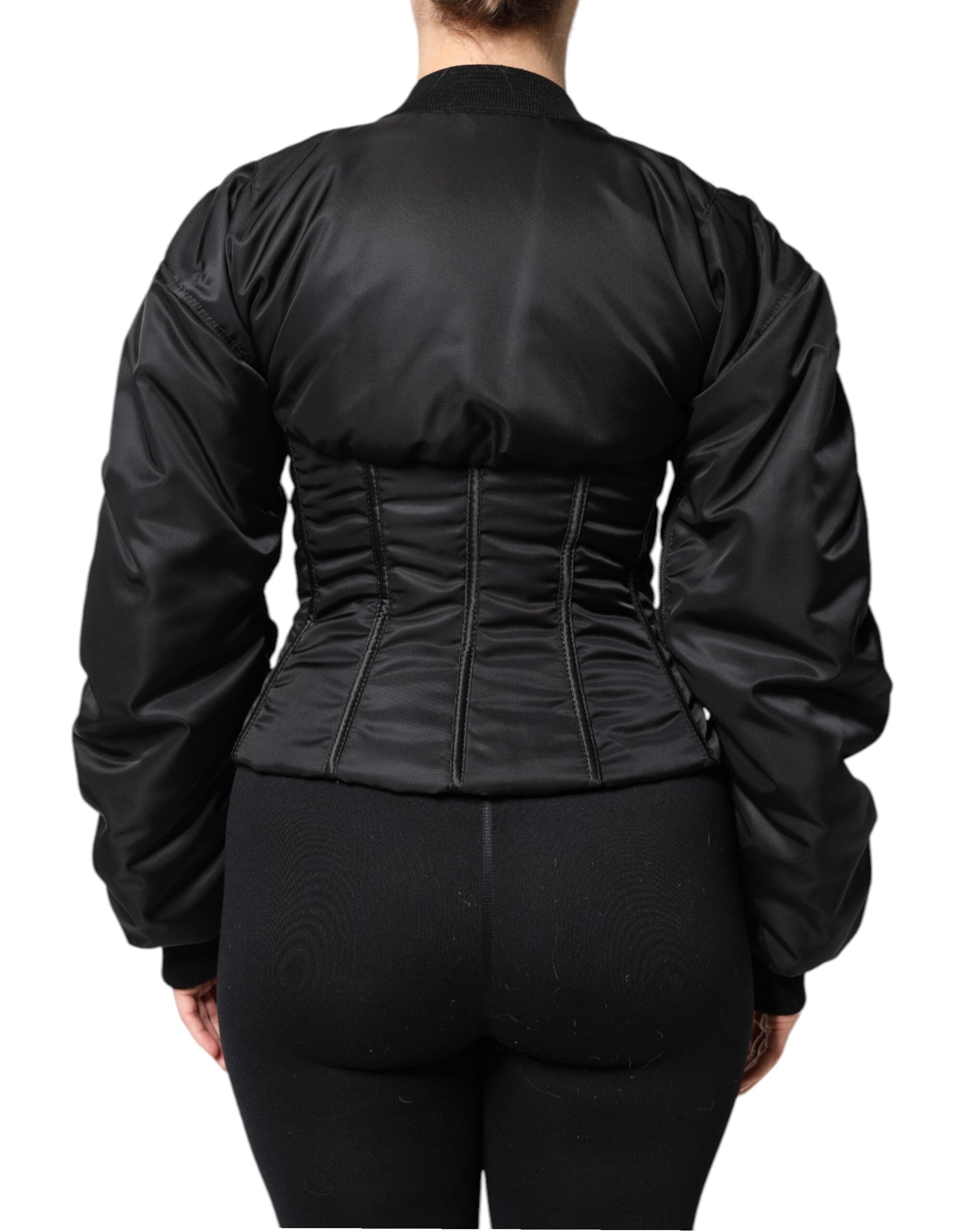 Dolce & Gabbana – Bustier-Korsettjacke aus schwarzem Nylon mit durchgehendem Reißverschluss