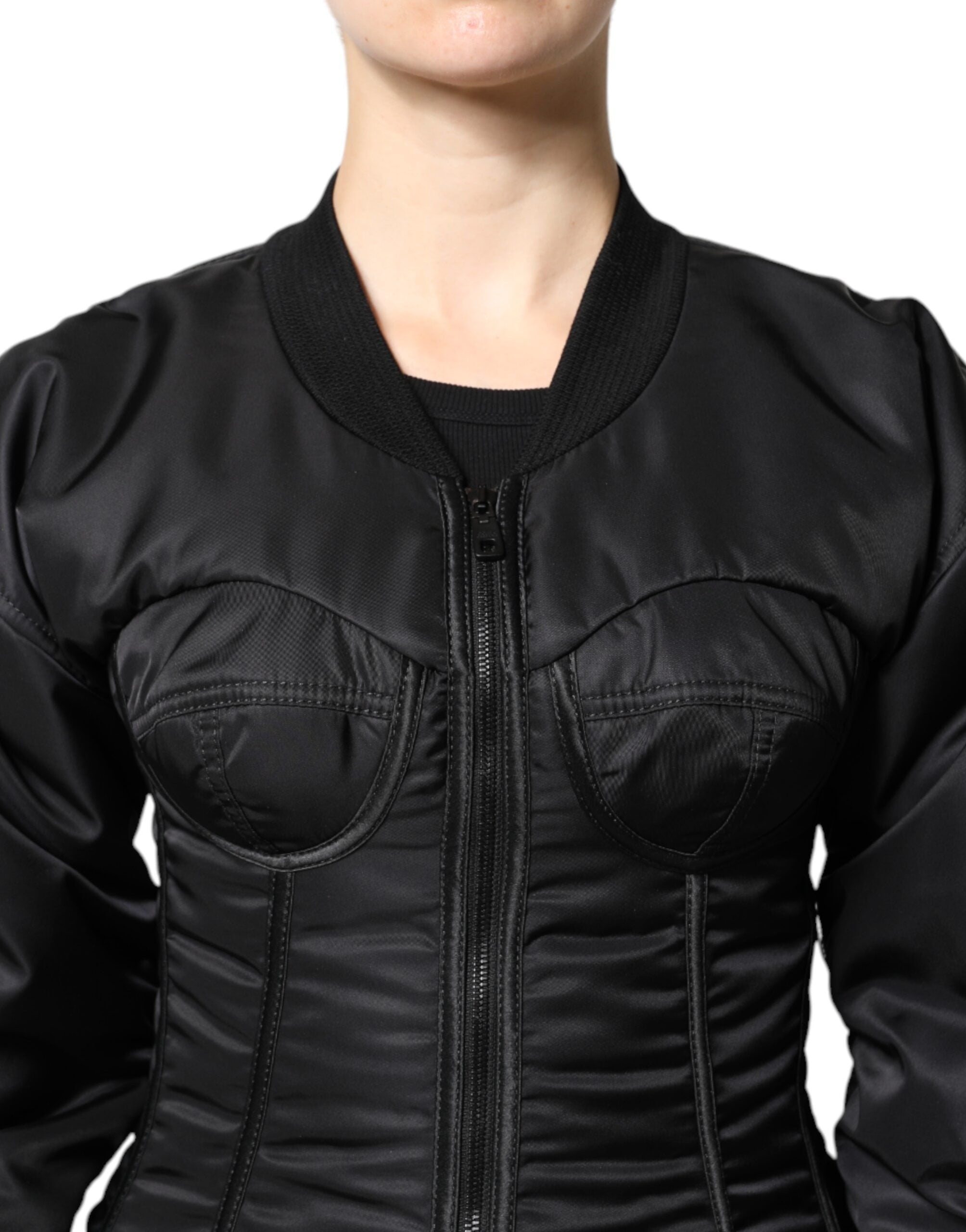 Dolce & Gabbana – Bustier-Korsettjacke aus schwarzem Nylon mit durchgehendem Reißverschluss